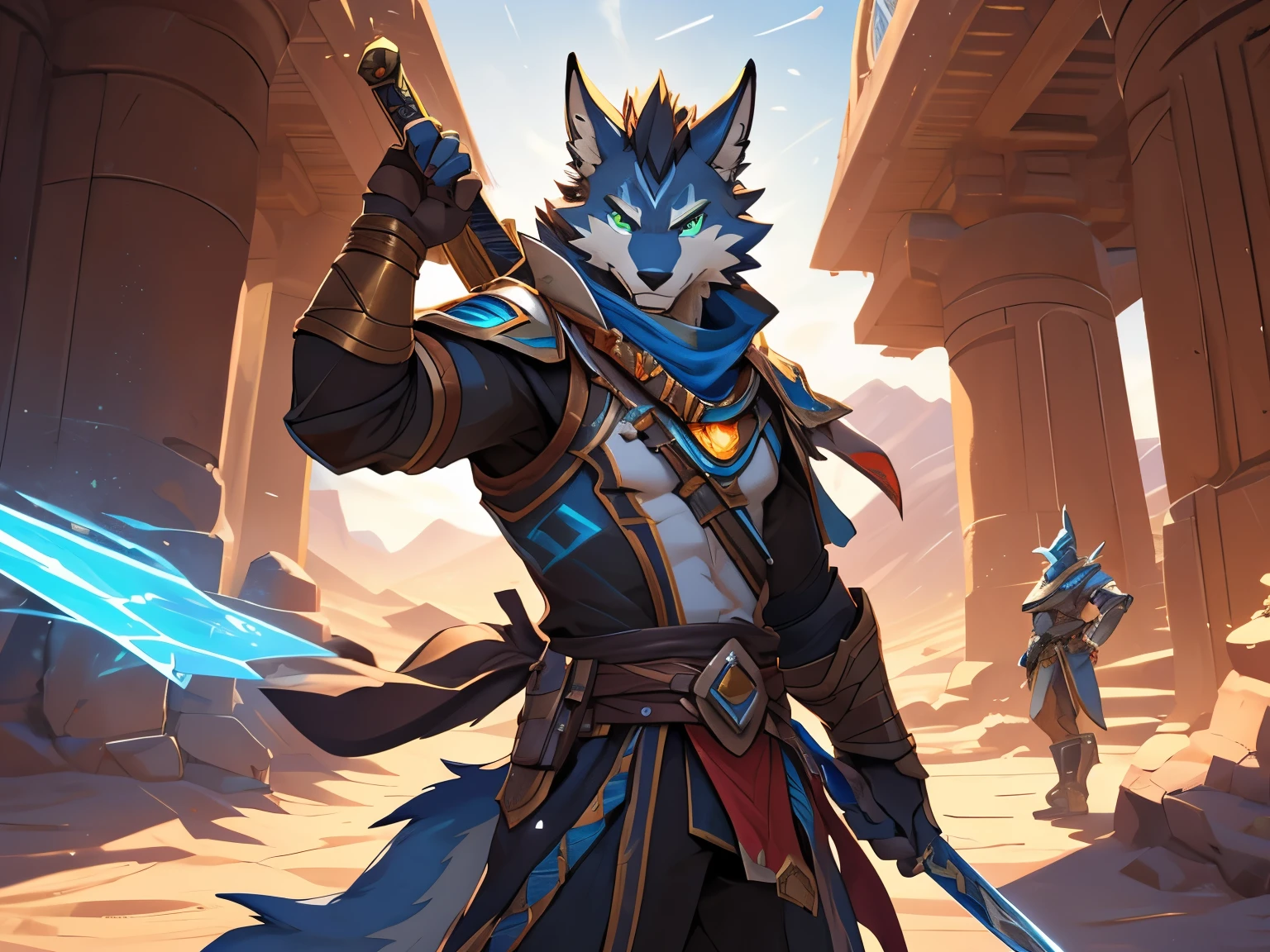posted on e621, (by Chunie), male, Wolf anthro, solo, light green eyes, (Realistic eye details 1.2), there is a Male with a sword standing in a desert, starfinder character, starfinder style, style of starfinder, from pathfinder, cosmic tiefling d&d, by Jason Benjamin, by Kieran Yanner, an undead desert lich pharaoh, desert fighter ancient mage, full art illustration, epic full color illustration, turian, full color illustration, in a panoramic view, masterpiece, Abstract beauty, ultra detailed face, depth of field, motion blur, high details, high quality, award winning, HD, 16k, (best quality,4k,8k,highres,masterpiece:1.2),ultra-detailed,realistic:1.37,HDR,UHD,studio lighting,extreme detail description,professional,vivid colors,bokeh,lively atmosphere, natural lighting