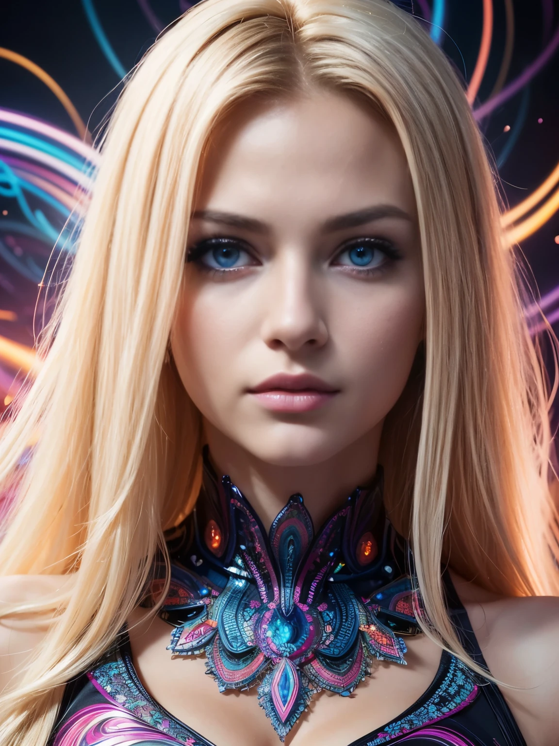 (Masterpiece, Top Quality, Best Quality, Official Art, Beautiful and aesthetic:1.2), (1 ultra hot gorgeous European woman, age 23, she’s a playmate and men magazine model:1.3), Extremely detailed,(fractal art:1.2),colourfull,highest details,( Zentangle neon:1.2), (Dynamic Pose), (Abstract background neon:1.5), (treditional dress:1.2), (sparkly skin), (many colors:1.4), upper half body ,neons,16 k,Full HD, Blue Eyes, beautidful eyes, extremely detailed eyes and face, Beautiful detailed eyes, Ultra-detailed, light on the face, with long blond hair, Blonde hair, Slim Body, Fair skin, a 18 year old girl,