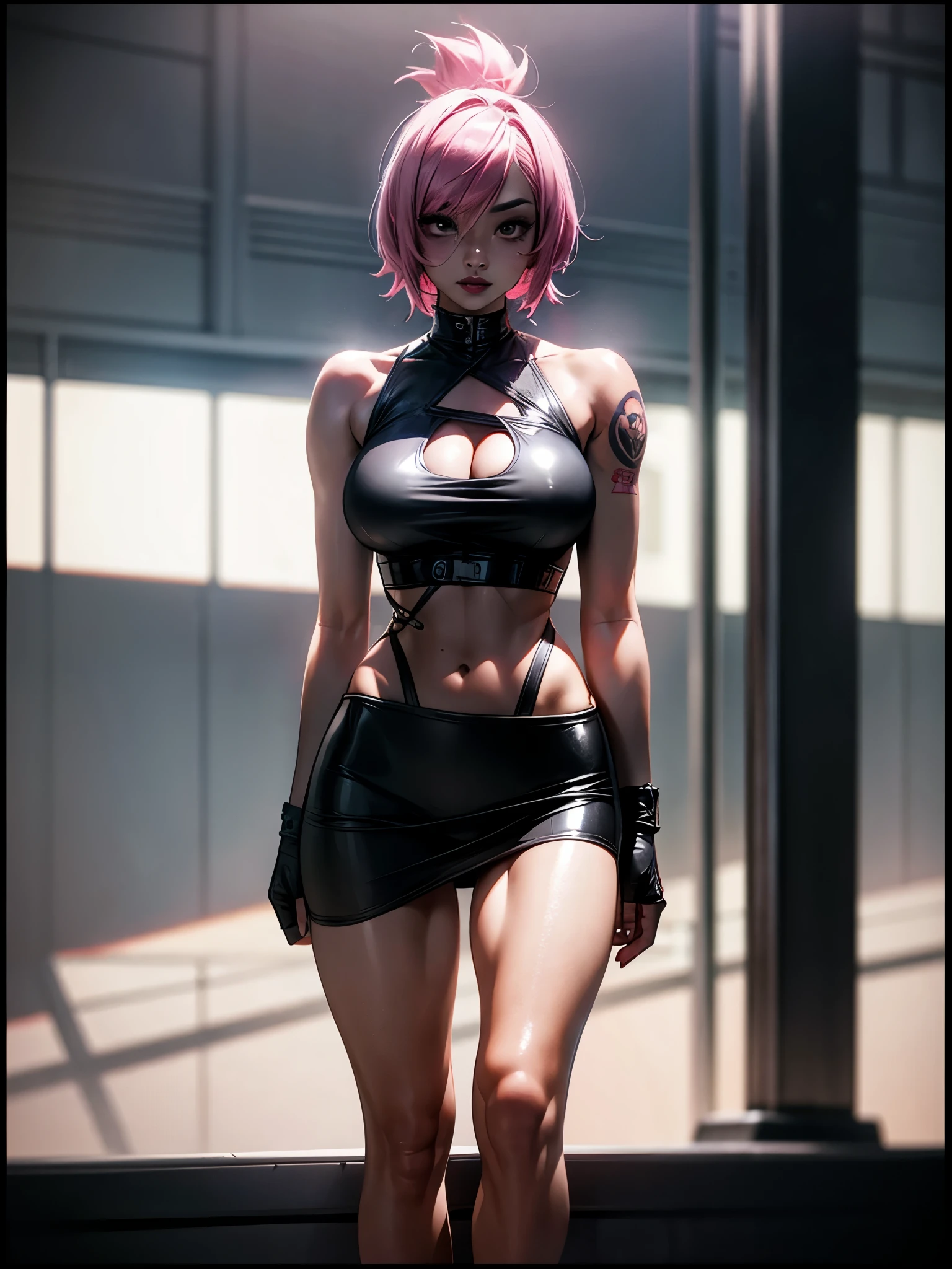 fit beautiful half asian half european girl, solo, standing, short pink hair, black lips, tattos all over the bodie, hourglass body, black top, short black skirt, ray tracing, anaglyph, highres, 8k, best quality, high quality, high details, super detail, textured skin, anatomically correct, masterpiece