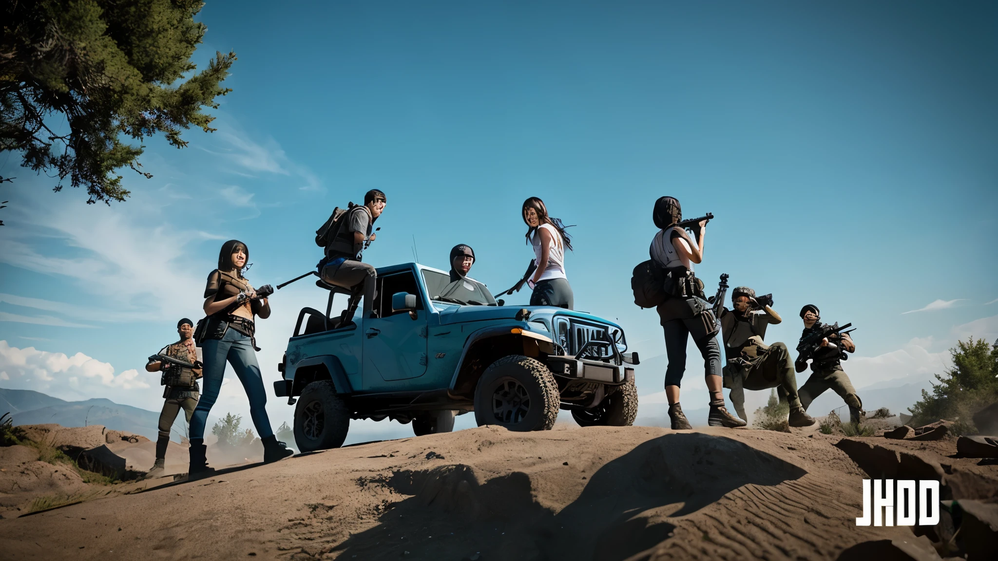 arafed image of a group of people standing on top of a jeep, a picture by Ni Yuanlu, pexels, fantastic realism, in pubg, squad fighting enemy, battleground background, action game, very clear picture, award-winning shot, award - winning shot, trending in category epic, 2 d cg, realistic masterpiece