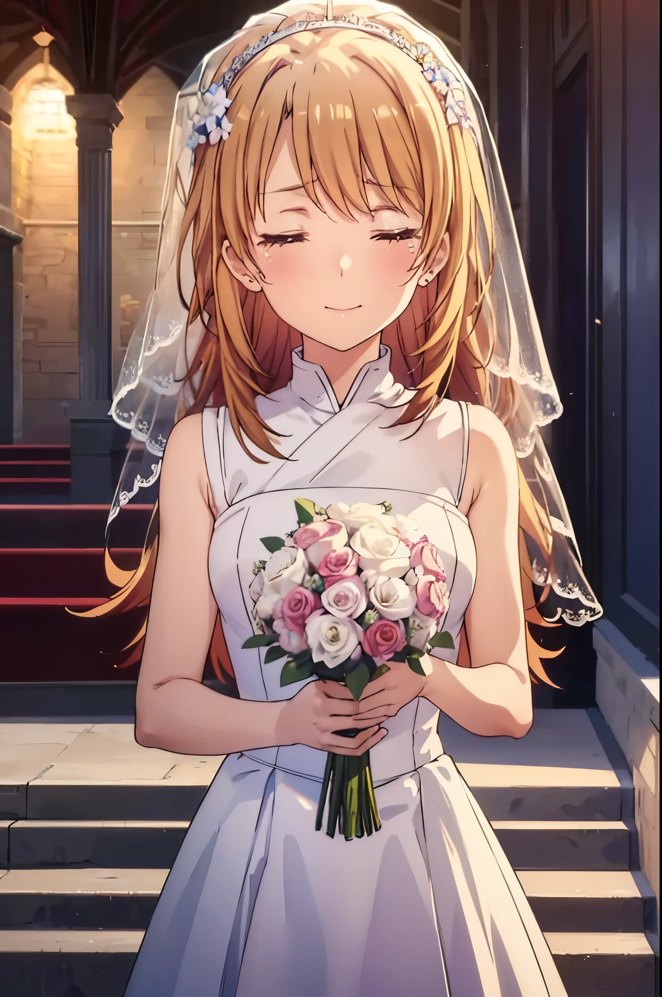 irohaisshiki, iroha isshiki, long hair, brown hair,  open your mouth,smile,happy atmosphere,crying with both eyes closed,tears run down her face,Crying with joy,blush,smile, Wedding dress,veil,Wedding Skirts,bouquet,bouquetトス,holding a large bouquet of flowers in both hands,So that the whole body goes into the illustration,Hanabubuki,wedding style,　　　　　　　　　　　　　　　　　　　　　break indoors,  church,chapel,
break (masterpiece:1.2), highest quality, High resolution, unity 8k wallpaper, (figure:0.8), (highly detailed face, perfect lighting, Very detailed CG, (perfect hands, perfect anatomy),