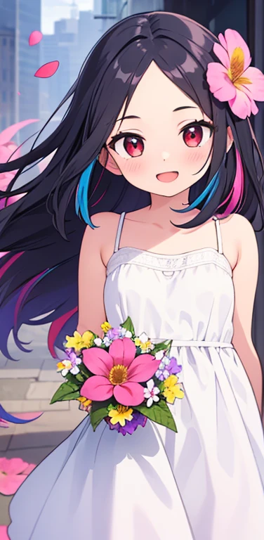 (8K、highest quality、masterpiece:1.2)、Super detailed、super resolution、Realistic、anime:1.2,(1girl) 、(black hair)、long hair,straight hair,red eyes、(forehead:1.3),(face focus,cowboy shot),(one piece white dress :1.5)、(light smile:1.3),(cute face,blush)、open mouth,small breasts,(surrounded by many colorful flowers:1.8 ),