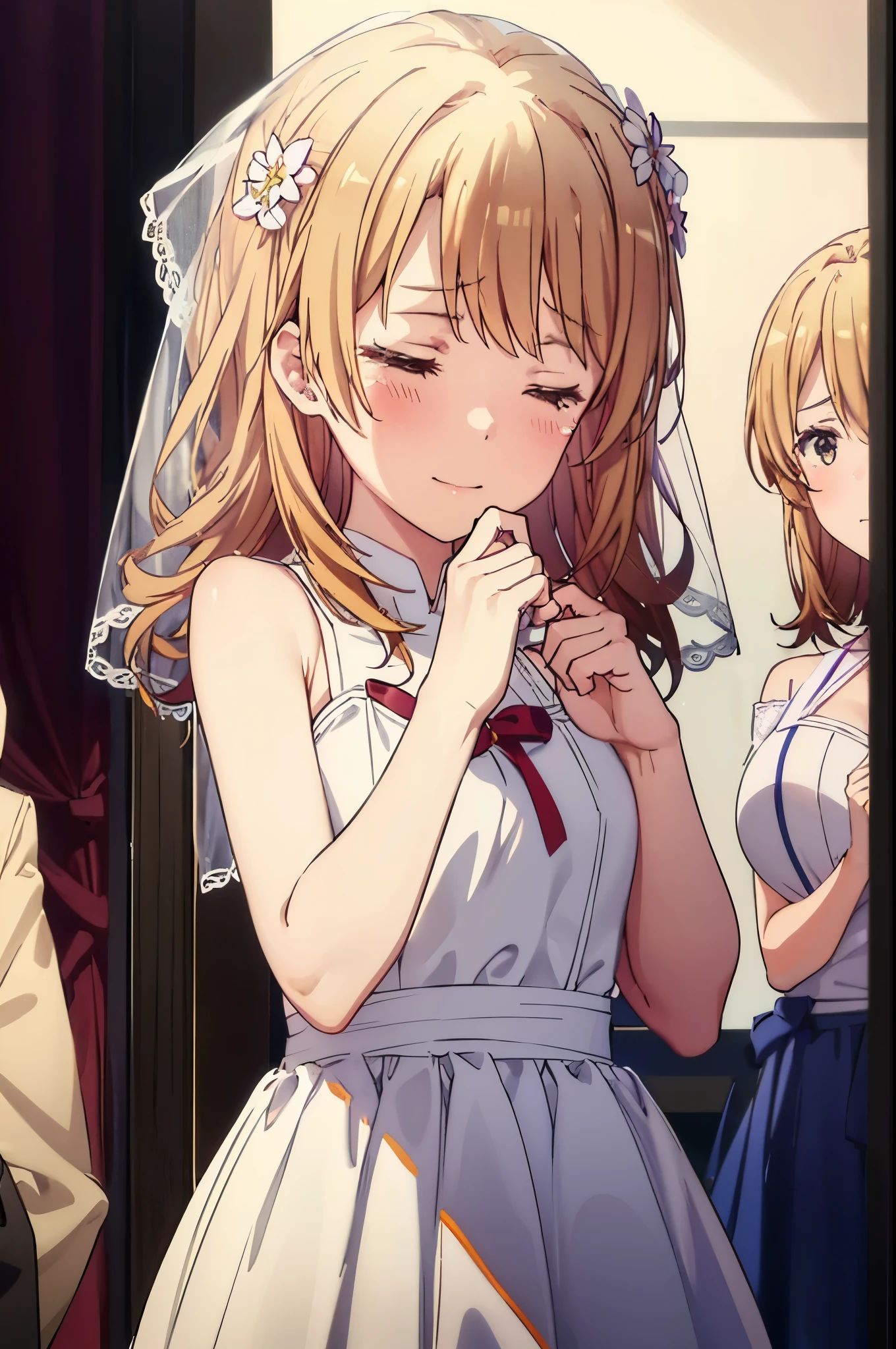 irohaisshiki, iroha isshiki, long hair, brown hair, open your mouth,smile,happy atmosphere,crying with both eyes closed,tears run down her face,Crying with joy,blush,smile, Wedding dress,veil,Wedding Skirts,bouquet,bouquetトス,holding a large bouquet of flowers in both hands,So that the whole body goes into the illustration,Hanabubuki,wedding style, break indoors, church,chapel,
break (masterpiece:1.2), highest quality, High resolution, unity 8k wallpaper, (figure:0.8), (highly detailed face, perfect lighting, Very detailed CG, (perfect hands, perfect anatomy),