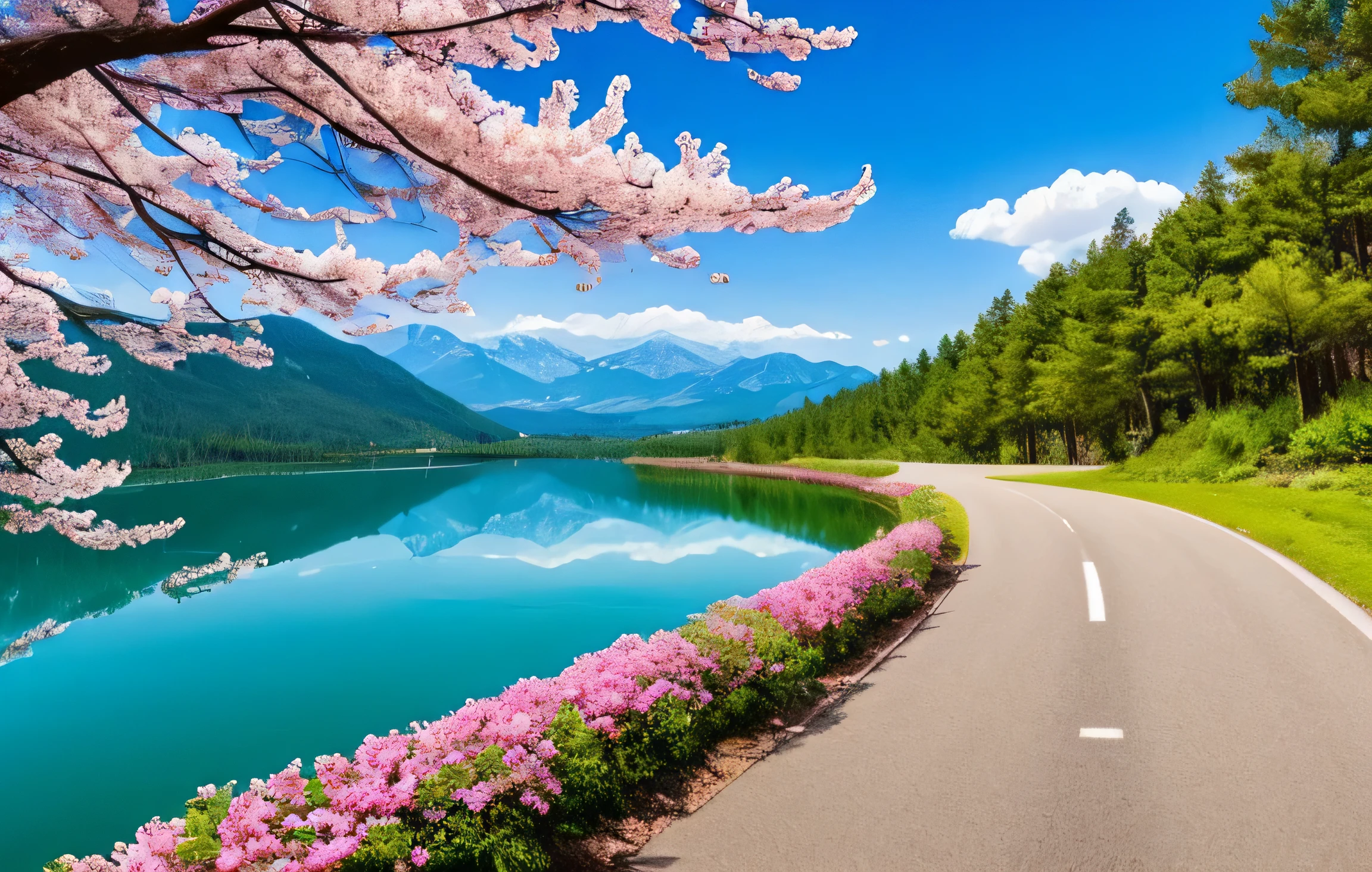 masterpiece, 最high quality, high quality,very detailed CG unity 8k wallpaper, A paradise-like place, village next to the mountain, beautiful lake , flowers, field , Depth of written boundary, HDR, bloom, chromatic aberration ,realistic,very detailed, art station trends, Trending on CGsociety, Complex, high detail, dramatic, art on the road、cherry blossoms、