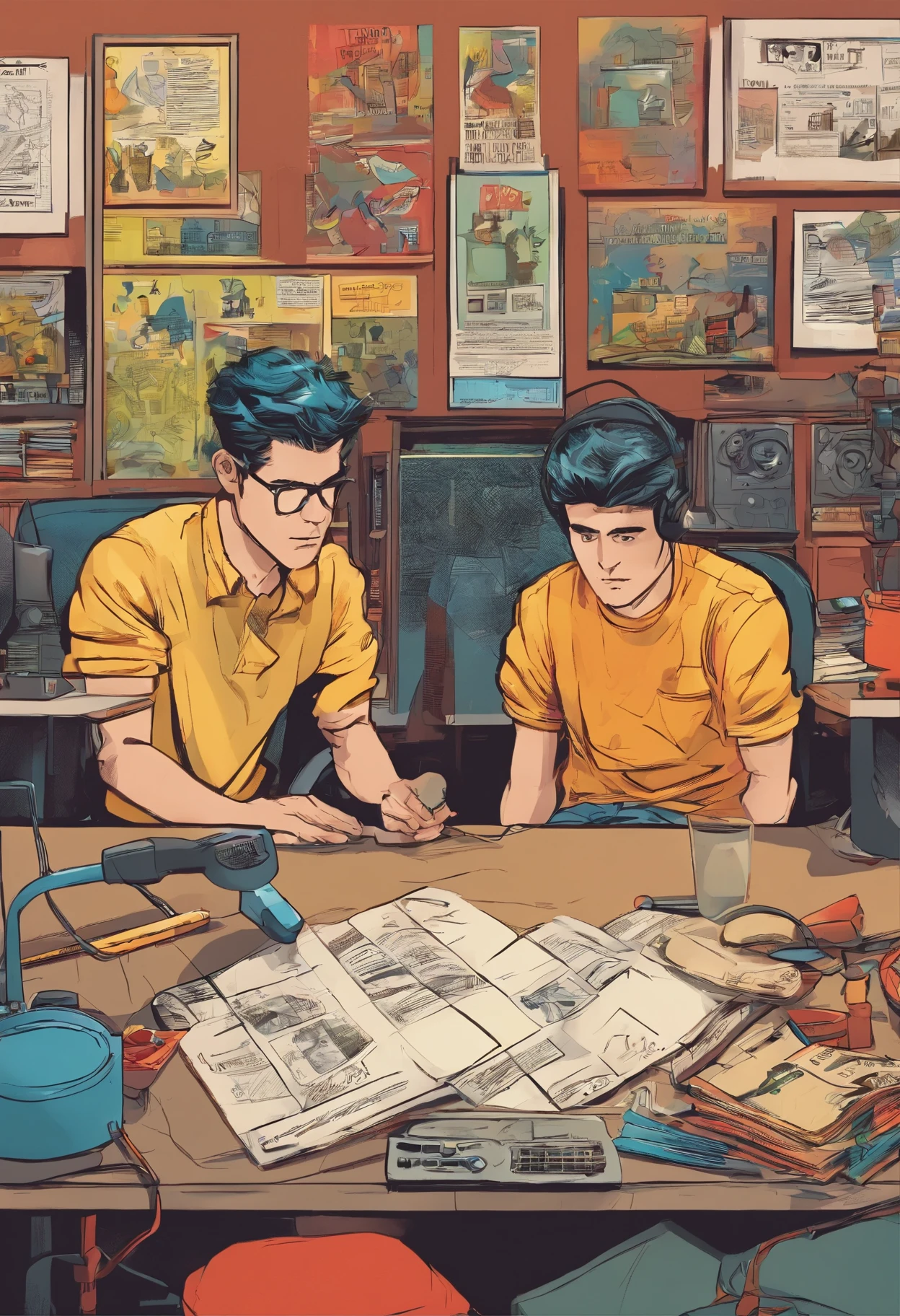 Two boys of 20 and 24 years old recording in a radio studio, cada uno sentado en una punta diferente de la mesa