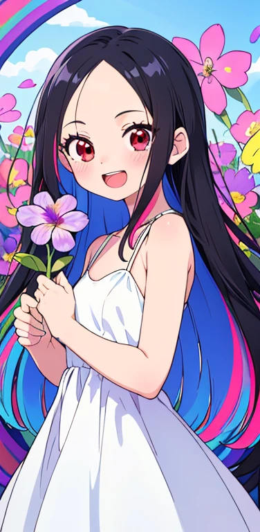 (8K、highest quality、masterpiece:1.2)、Super detailed、super resolution、Realistic、anime:1.2,(1girl)  、(black hair)、long hair,straight hair,red eyes、(forehead:1.3),(face focus,cowboy shot),(one piece white dress :1.5)、(light smile:1.3),(cute face,blush)、open mouth,small breasts,(surrounded by many colorful flowers:1.8 ),