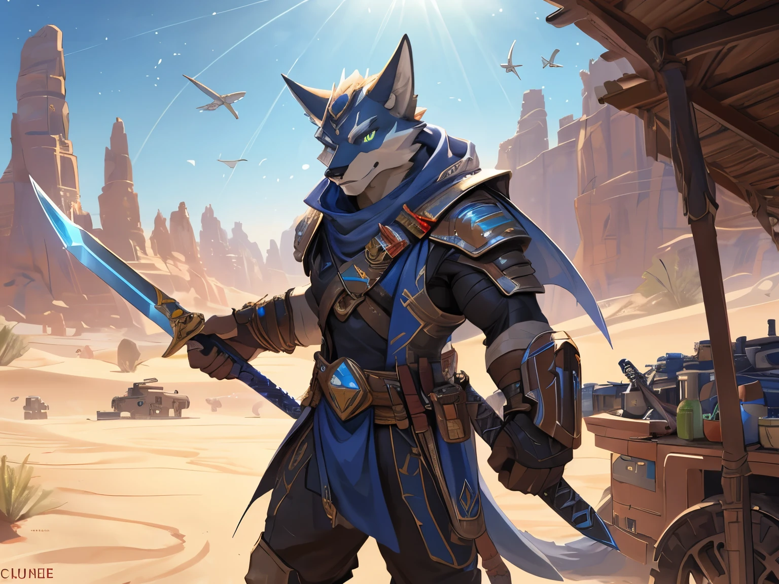 Gato amarelo, Eyes red, Tribal armor with a tattoo on the arm, defined body, holding a custom bone sword, he is running through the desert after a large and fearsome monster.