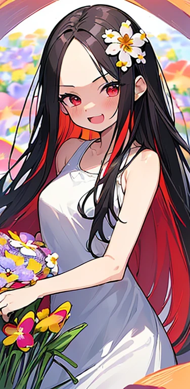 (8K、highest quality、masterpiece:1.2)、Super detailed、super resolution、Realistic、anime:1.2,(1girl)  、(black hair)、long hair,straight hair,red eyes、(forehead:1.3),(face focus,cowboy shot),(one piece white dress :1.5)、(light smile:1.3),(cute face,blush)、open mouth,small breasts,(surrounded by many colorful flowers:1.8 ),