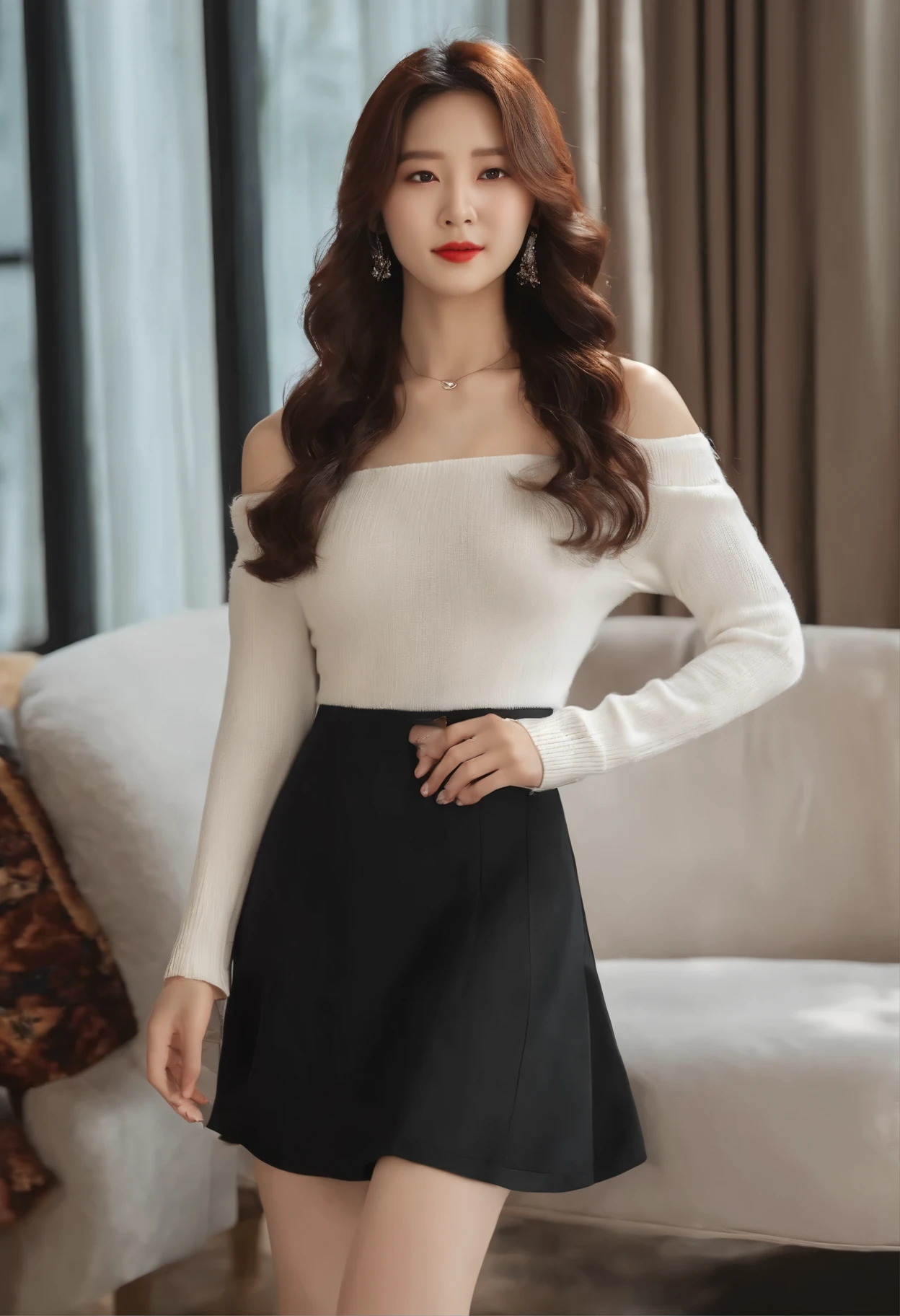 ((highest quality, 8k, masterpiece: 1.3)), 1 girl, The beauty of slim abs: 1.3, (Color Hairstyle Casual, big breasts: 1.2), super detailed face, delicate eyes, double eyelid, smile, Homely, 23 years old, female, cute, long eyes, long eyelashes, fair skin, slightly slender, looks like Wonyoung, chest-length curly hair, white off-shoulder knitwear that shows off her shoulders, mole around her eyes, Japanese