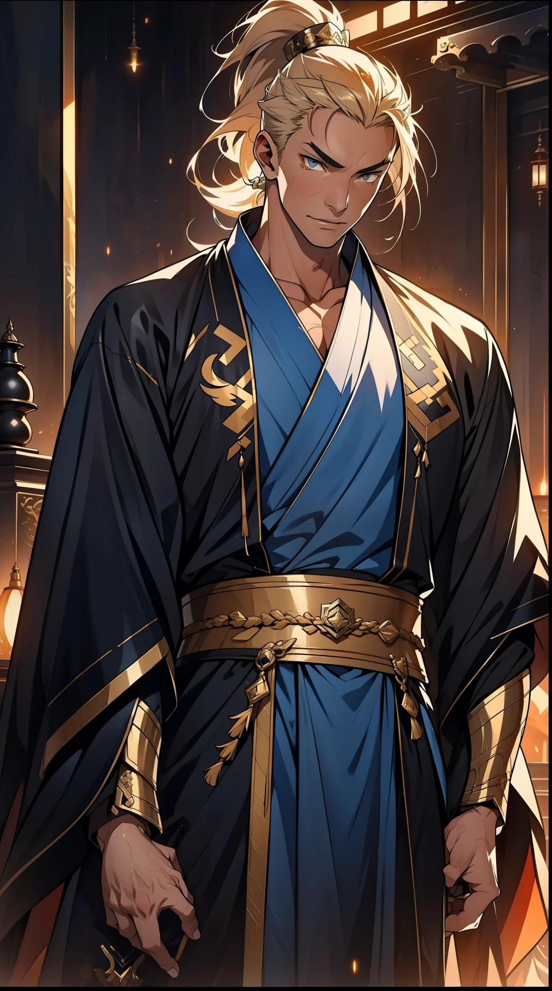 one person(male warrior),proportions are correct,facial details,swordsman,high ponytail hairstyle,neck detail,Have an Adam's apple,Black and gold robe,joke,Black and gold robe,clothing details,Hand over,long sleeves,Game quality,fencing,Ray tracing,Ray tracing,Detailed glow,CG rendering,hair details,Long black and blond hair,Black-gold eyes,Handsome,Handsome,(Youthful feeling),Costumes are complicated,Perfect composition,refine,high quality,higher details,many details,Complex background,a sense of atmosphere,