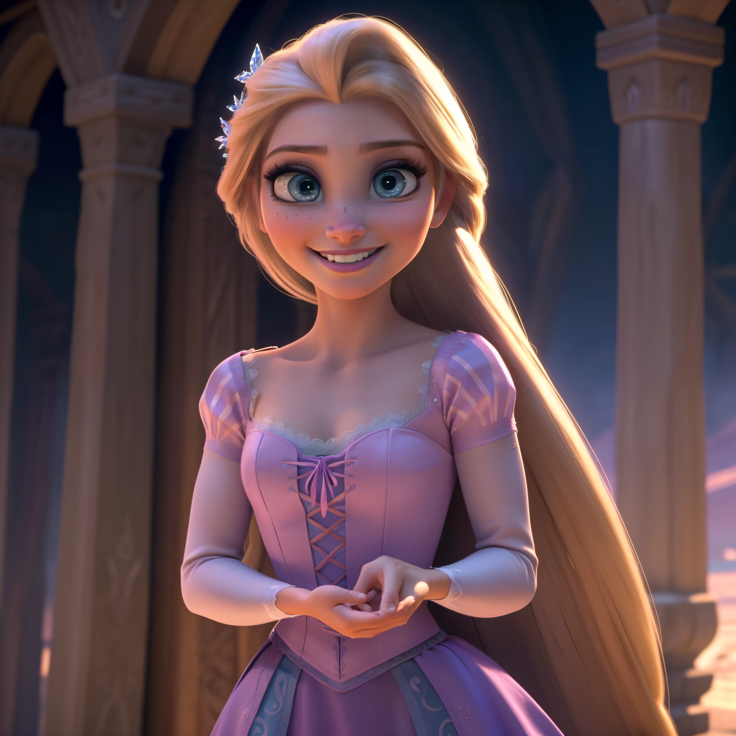 Elsa-Rapunzel Fusion, Fusionando modelos, La ropa de Rapunzel., derritiendo, 1 chica, hermoso, personaje, mujer, femenino, (parte maestra:1.2), (mejor calidad:1.2), (solo:1.2), ((pose de pelea)), ((campo de batalla)), cinematographic, ojos perfectos, Piel perfecta, perfect lighting, sonrisa, Luz, cor, piel texturizada, detalle, belleza, preguntarse, ultra detallado, cara perfecta