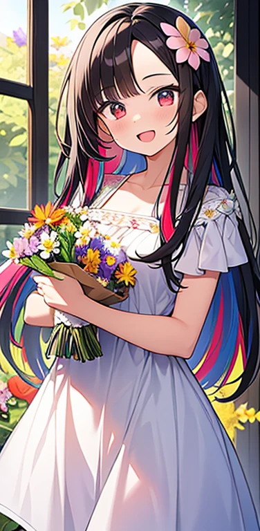 (8K、highest quality、masterpiece:1.2)、Super detailed、super resolution、Realistic、anime:1.2,(1girl)  、(black hair)、long hair,straight hair,red eyes、(forehead:1.3),(face focus,cowboy shot),(one piece white dress :1.5)、(light smile:1.3),(cute face,blush)、open mouth,small breasts,(surrounded by many colorful flowers:1.8 ),