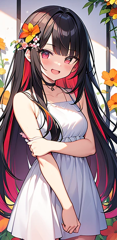 (8K、highest quality、masterpiece:1.2)、Super detailed、super resolution、Realistic、anime:1.2,(1girl)  、(black hair)、long hair,straight hair,red eyes、(forehead:1.3),(face focus,cowboy shot),(one piece white dress :1.5)、(light smile:1.3),(cute face,blush)、open mouth,small breasts,(surrounded by many colorful flowers:1.8 ),