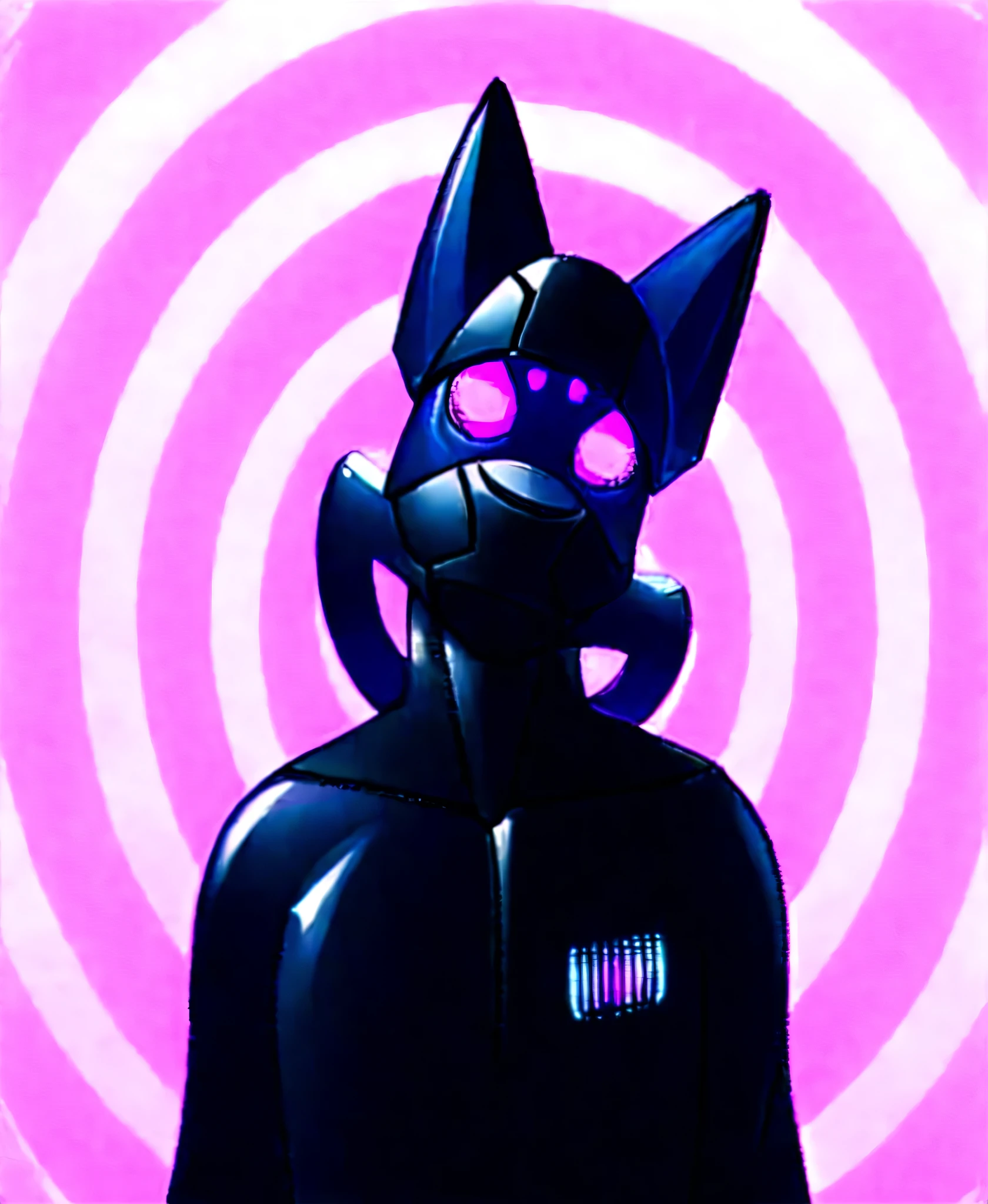 latex cat with vibrant purple eyes and a pink background, futuristic, cyberpunk drone fursona, anthropomorphic, wearing a full-body shiny latex drone suit