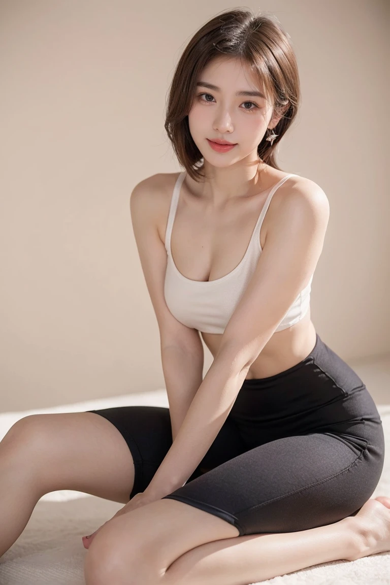 1 girl, National Foundation, (white background), ((8k, raw, masterpiece: 1.4)), (professional photography, sharp: 1.2), perfect dynamic composition, (natural sunlight), (soft shadows), (Perfect body: 1.4, Slim abs: 1.2), ((Japanese hairstyle: 1.4,)), Medium long hair, Super detailed face and skin, Perfect Asian, Fair skin, (Delicate skin: 1.3), (Latex skin: 0.4), (Perfect glossy skin: 0.6), Yuki Shiraki, blond hair, light brown eyes, beautiful eyes, skin is really moist, exquisite expression, smiling gently at the camera, elegant Earrings, wearing (yoga pants), ((whole body)), ((long legs)),