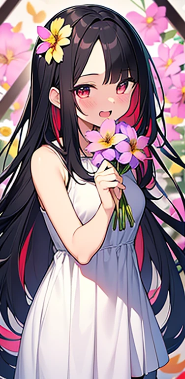 (8K、highest quality、masterpiece:1.2)、Super detailed、super resolution、Realistic、anime:1.2,(1girl)  、(black hair)、long hair,straight hair,red eyes、(forehead:1.3),(face focus,cowboy shot),(one piece white dress :1.5)、(light smile:1.3),(cute face,blush)、open mouth,small breasts,(surrounded by many colorful flowers:1.8 ),