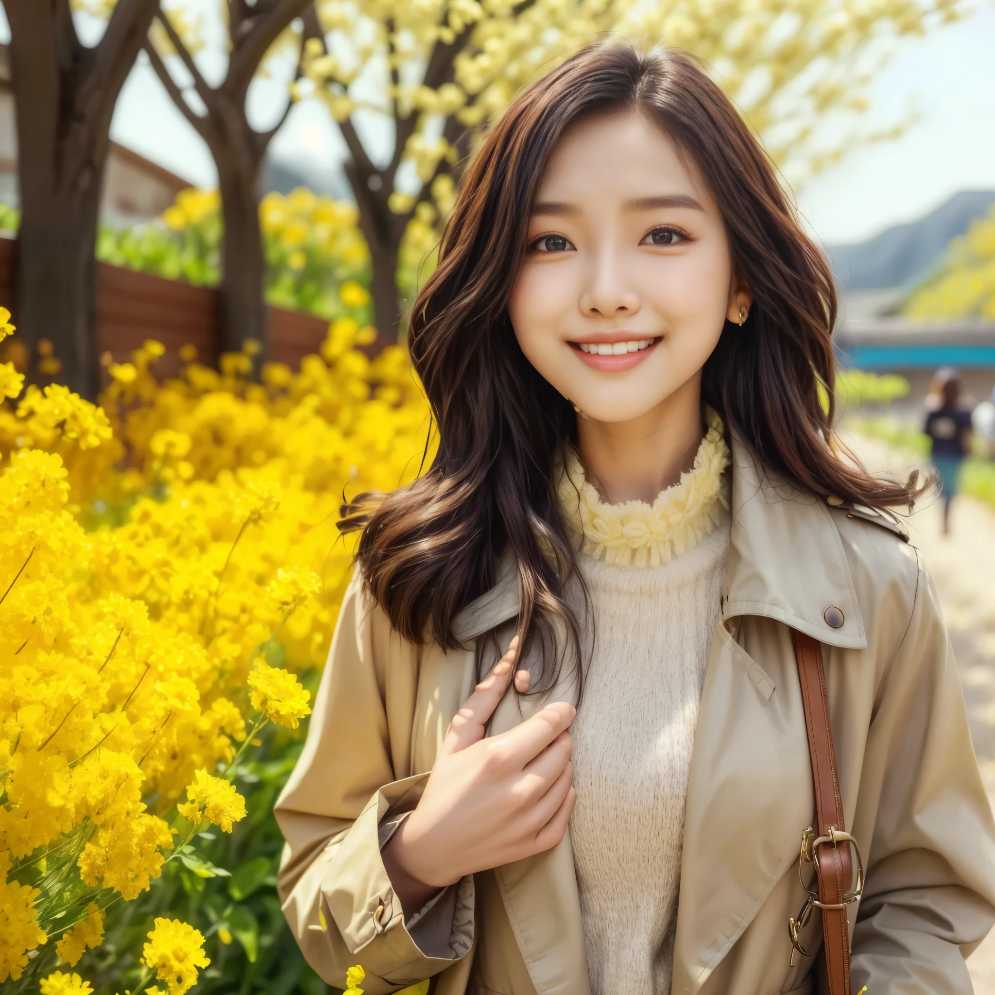 A bright smile、An arafi woman wearing a trench coat standing in front of a yellow flower field, beautiful young korean woman, beautiful south korean woman, gorgeous young korean woman, korean female fashion model, Nam Jae Young, korean girl, korean woman, Lee Ji Eun, Lee Ji Eun, cute korean actress, korean artist, young adorable korean face