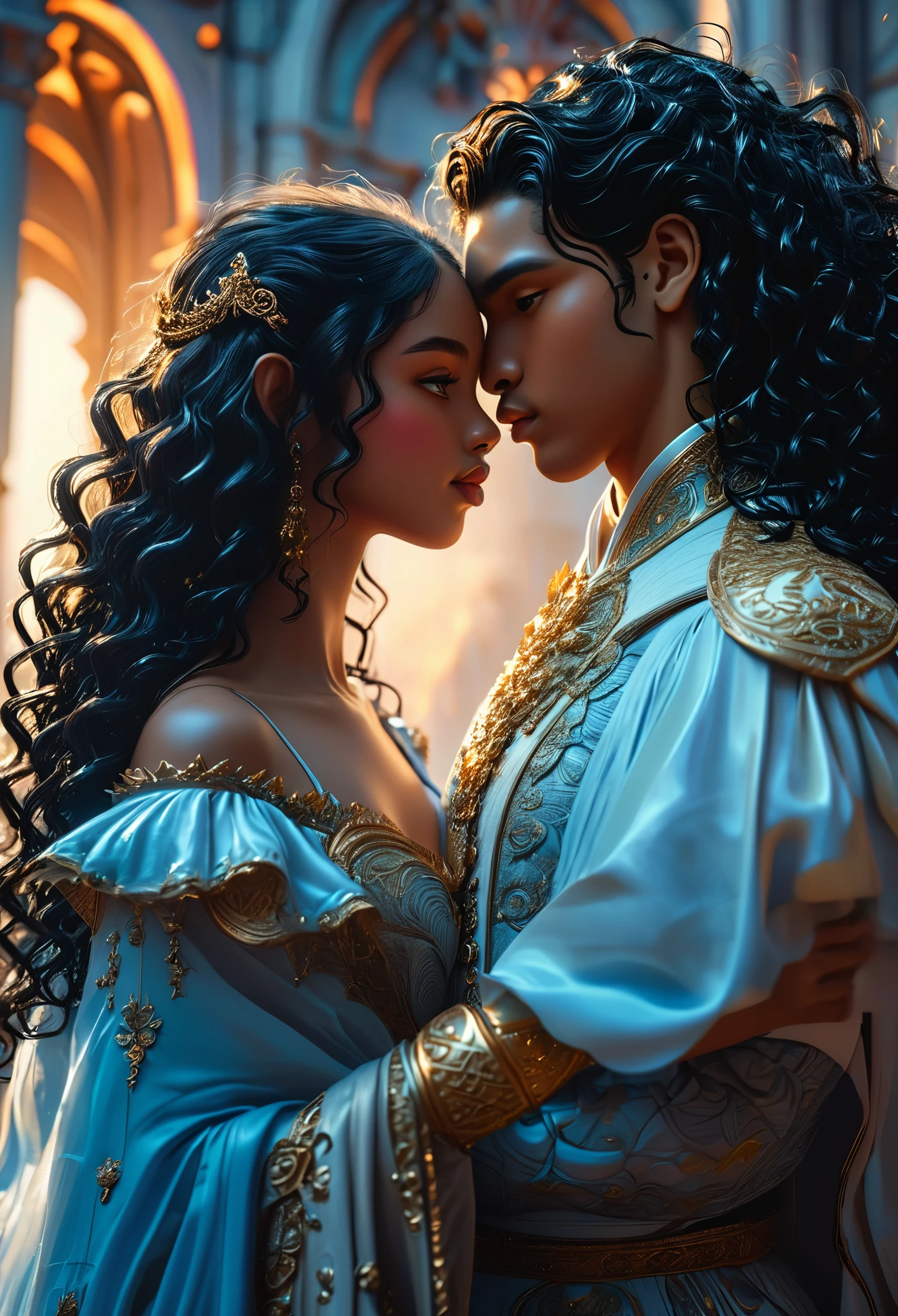 Novel in celestial landscape, a dark dangerous young darkskin couple with (((a long black hair young judge))) with (((a young imperial dangerous warrior with long black curly hair))), ennemies, very beautiful, perfect faces, whole body, romantic scene, romantic Way, sexy couple, 8K, extremely detailed, (high quality, realistic, photorealistic: 1.37),ideal proportions and defined complexion, meticulously crafted features, unreachable beauty, perfection, artistic masterpieces, vivid realism, hyper-detailed sculptures, life-like forms, truly awe-inspiring, impeccable craftsmanship, pure radiance, ethereal beauty, delicate contours, striking poses, sublime beauty, subtle nuances, dynamic compositions, vibrant colors, perfect lighting, soulful expressions, dark aura, majestic presence, dreamlike atmosphere, unmatched gdetailed octane render trending on artstation, 8 k artistic photography, photorealistic concept art, soft natural volumetric cinematic perfect light, chiaroscuro, award - winning photograph, masterpiece, oil on canvas, beautiful detailed intricate insanely