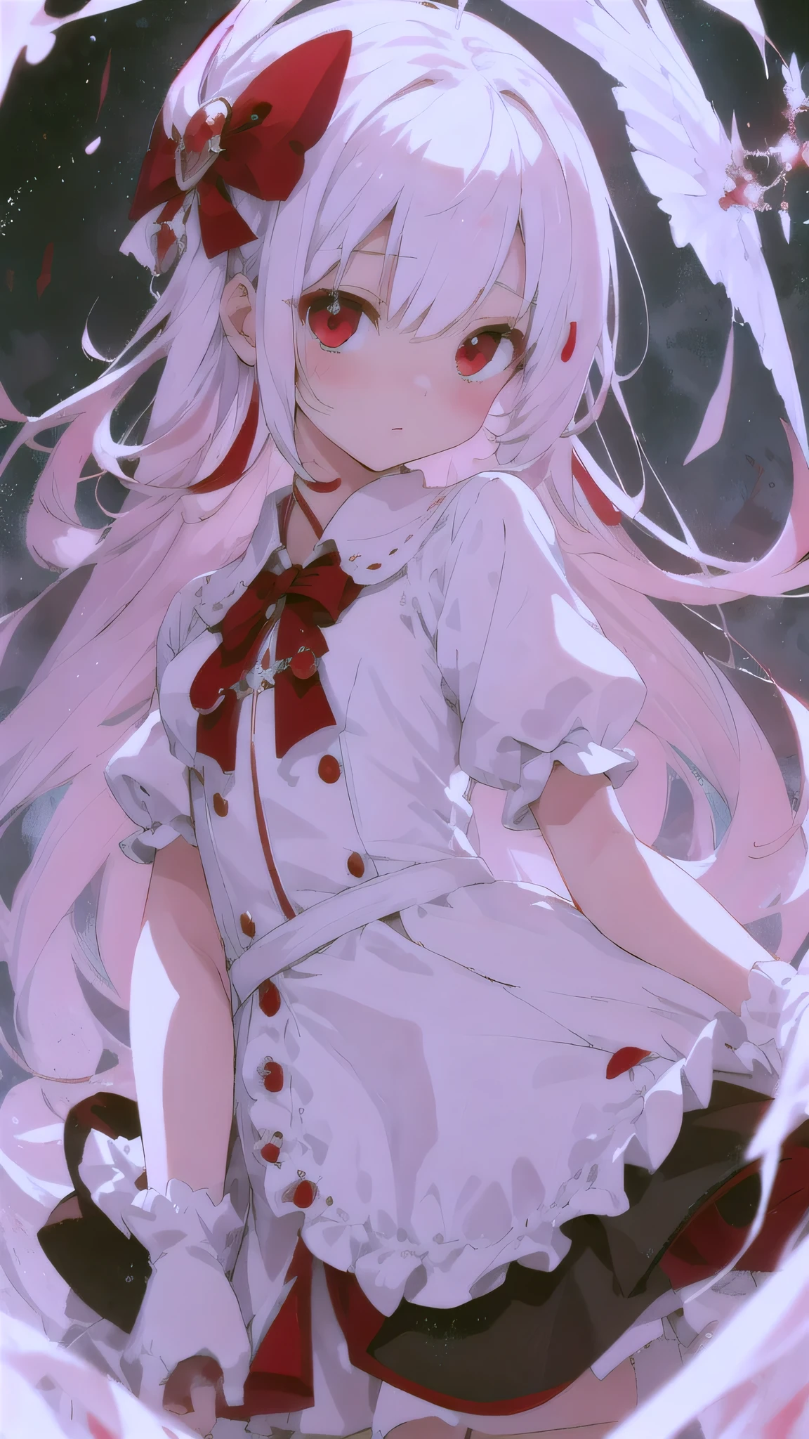 beautiful illustration, best quality, cute petit girl, (transform sequence), transform magical girl, chibi, white magical girl, fractal art, albino, babyface, long pure white and red mesh hair, beautiful detailed red eyes, cinematic lighting, cowboy shot, looking at viewer, from bottom, happy