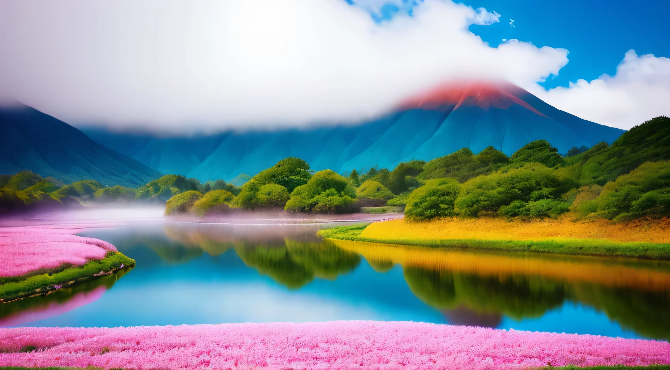 Gorgeous and surreal landscapes with a fantastic atmosphere, 中央に雄大なwoodがあるのが特徴です, An environment surrounded by a beautiful river, Foggy Mountain々, And bright flowers々. Warm and soft light illuminates the scene、wood々Envelops flowers with a delicate glow。. Add a hint of fantasy elements with a rainbow-colored sky and fluffy clouds。.、cherry blossoms、