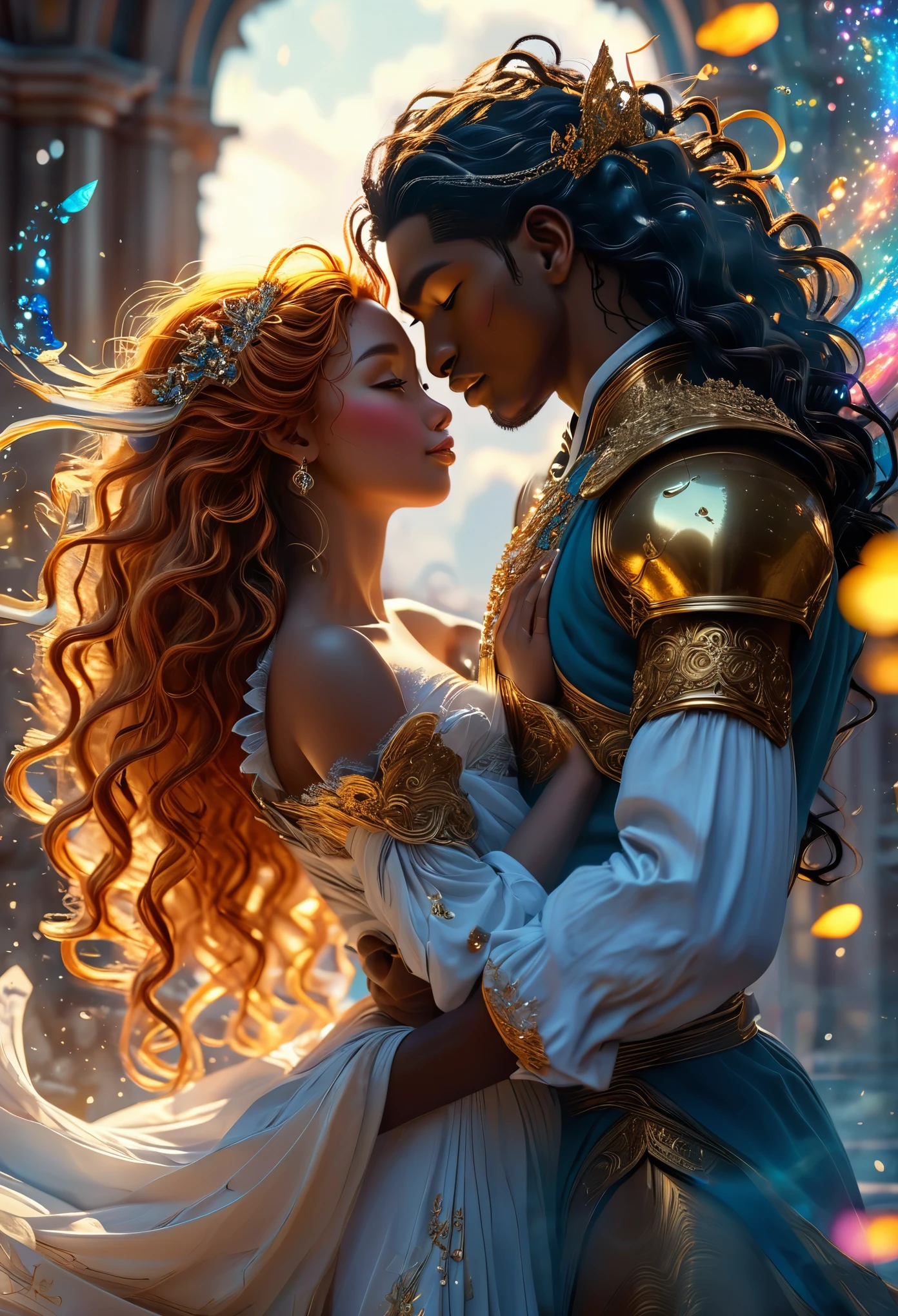 Novel of two couple in celestial landscape, (((two beautiful young darkskin couple))), one couple is (((a long ginger hair pregnant young warrior))) with (((a young imperial duke with black hair))), he is in love but not she, very fine face, second couple is (((a long curly ginger hair young nymph))) with (((a young imperial duke with black hair))), very beautiful, perfect faces, whole body, romantic scene, romantic Way, sexy couple, 8K, extremely detailed, (high quality, realistic, photorealistic: 1.37), Full body, ideal proportions and defined complexion, meticulously crafted features, unreachable beauty, perfection, artistic masterpieces, vivid realism, hyper-detailed sculptures, life-like forms, truly awe-inspiring, impeccable craftsmanship, pure radiance, ethereal beauty, delicate contours, striking poses, sublime beauty, subtle nuances, dynamic compositions, vibrant colors, perfect lighting, soulful expressions, celestial aura, majestic presence, dreamlike atmosphere, unmatched gdetailed octane render trending on artstation, 8 k artistic photography, photorealistic concept art, soft natural volumetric cinematic perfect light, chiaroscuro, award - winning photograph, masterpiece, beautiful detailed intricate insanely