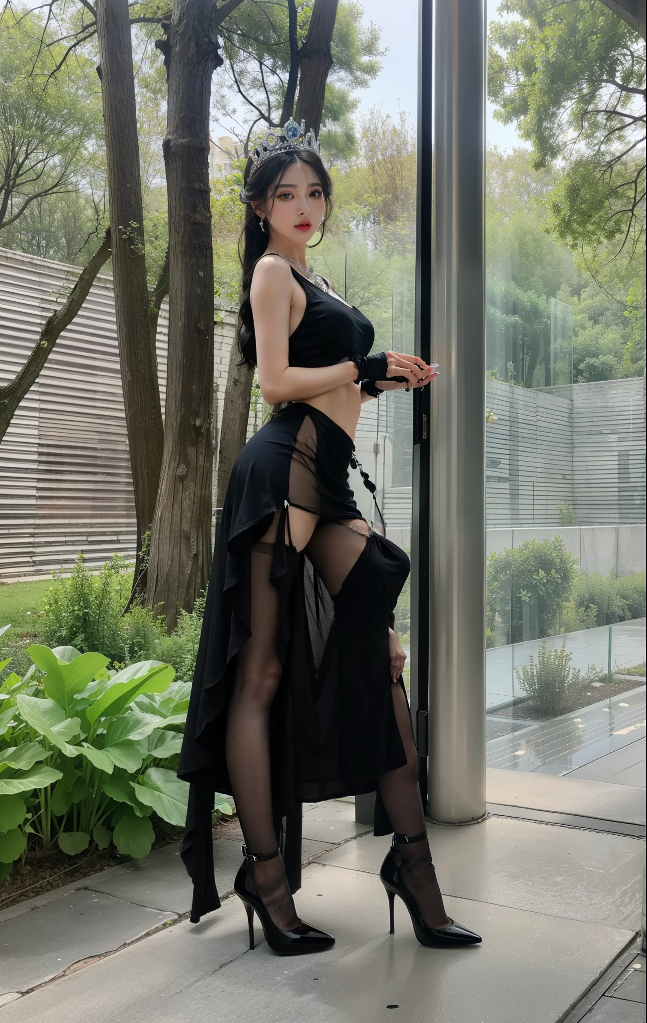 (tmasterpiece,high qulity,real photograph),Complicated details,Fantastical Atmosphere,Colorful effects,A pure and beautiful girl,Delicate and detailed face and eyes,Delicate makeup,Clavicle chain,Long black stockings,Silk skirt,Sexy back,Garden background,(Herrills F2 55)