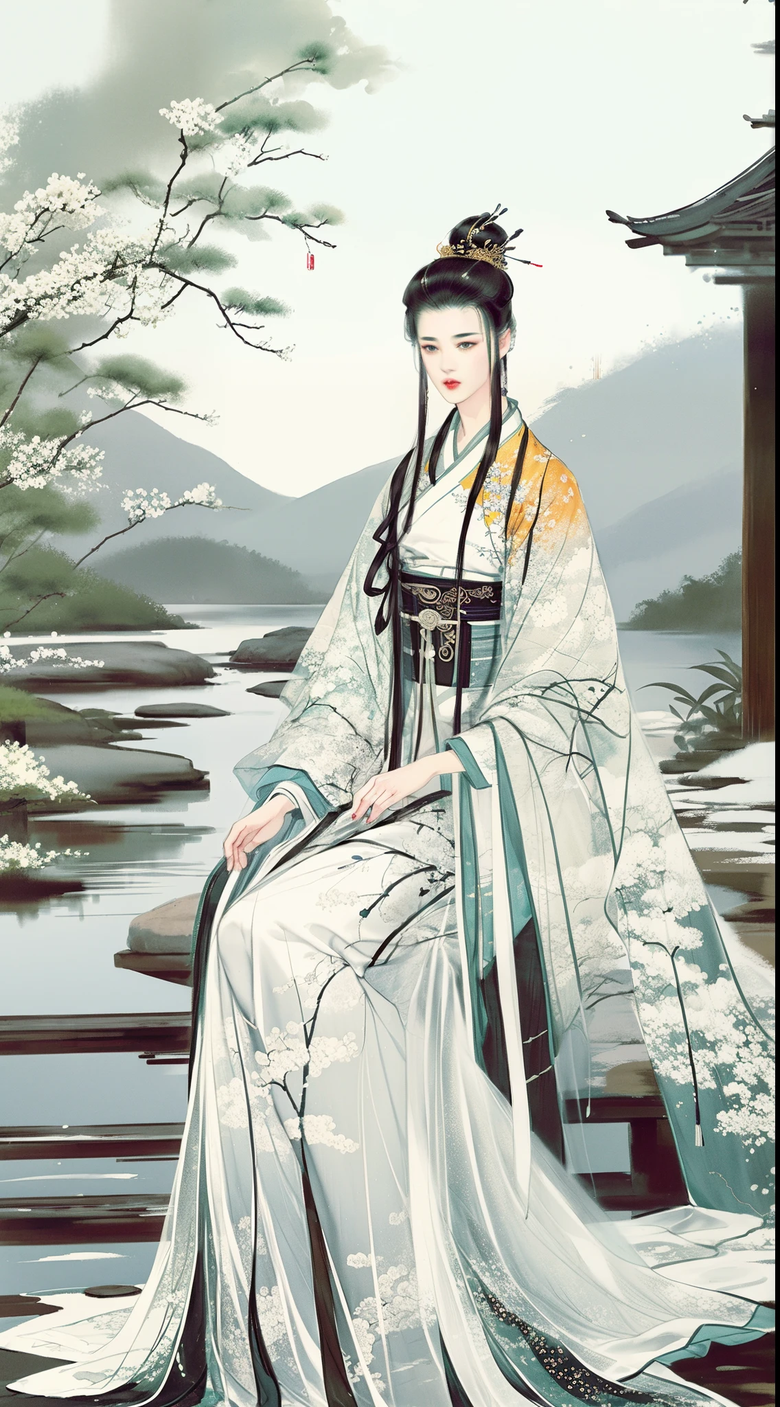 Wu Guanzhong style, Chinese brush painting, water and ink, beautiful and attractive woman in Hanfu, Women Hanfu, elegant girl, black hair, full details Hanfu dress, height heel, hourglass body shape, professional, Extremely aesthetic, paintbrush art style, twilight, Chinese lanterns, Chinese temple pavilion in background, detailed face,