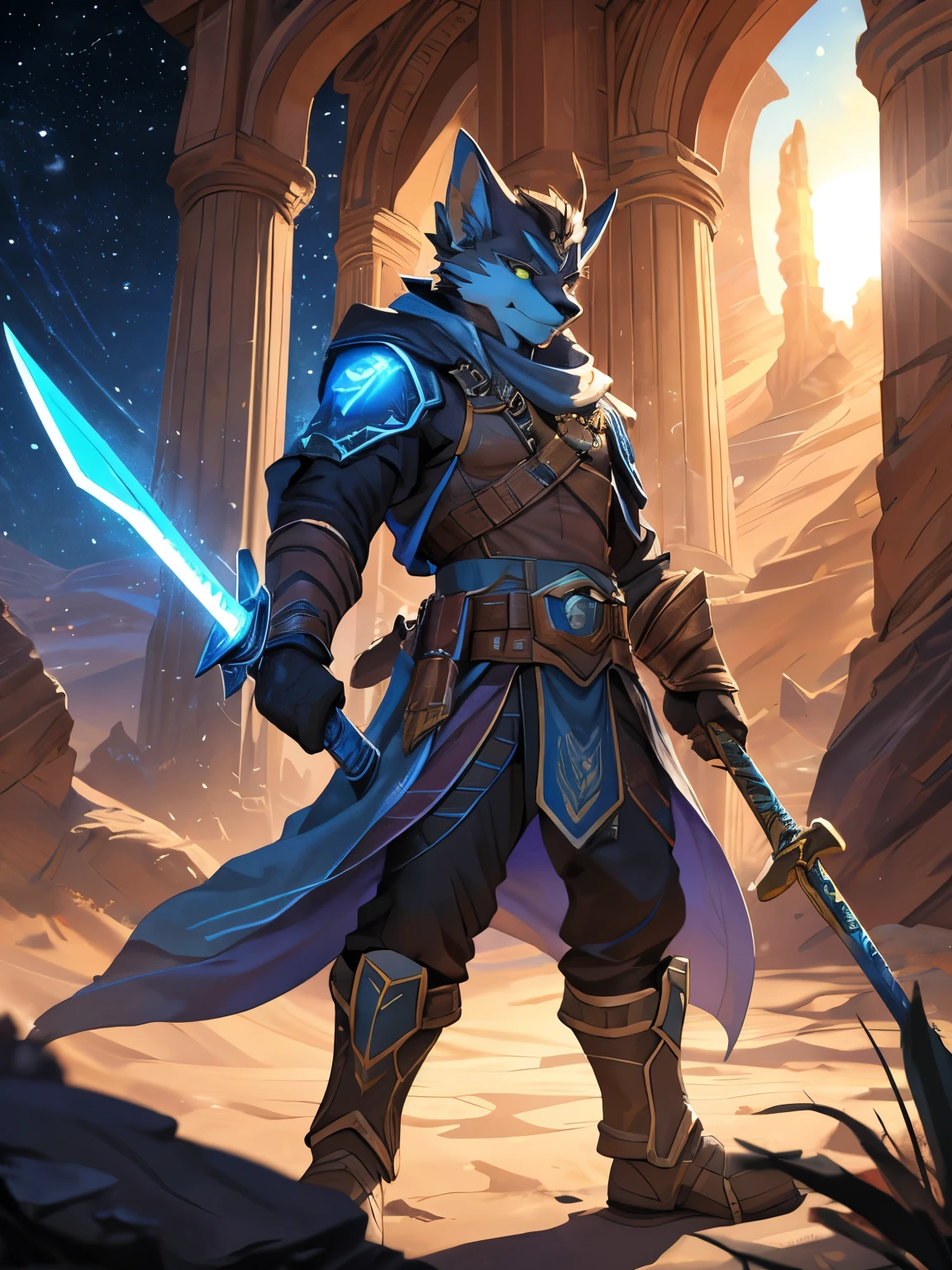 posted on e621, (by Chunie), male, Wolf anthro, solo, light green eyes, (Realistic eye details 1.2), there is a Male with a sword standing in a desert, starfinder character, starfinder style, style of starfinder, from pathfinder, cosmic tiefling d&d, by Jason Benjamin, by Kieran Yanner, an undead desert lich pharaoh, desert fighter ancient mage, full art illustration, epic full color illustration, turian, full color illustration, in a panoramic view, masterpiece, Abstract beauty, ultra detailed face, depth of field, motion blur, high details, high quality, award winning, HD, 16k, (best quality,4k,8k,highres,masterpiece:1.2),ultra-detailed,realistic:1.37,HDR,UHD,studio lighting,extreme detail description,professional,vivid colors,bokeh,lively atmosphere, natural lighting