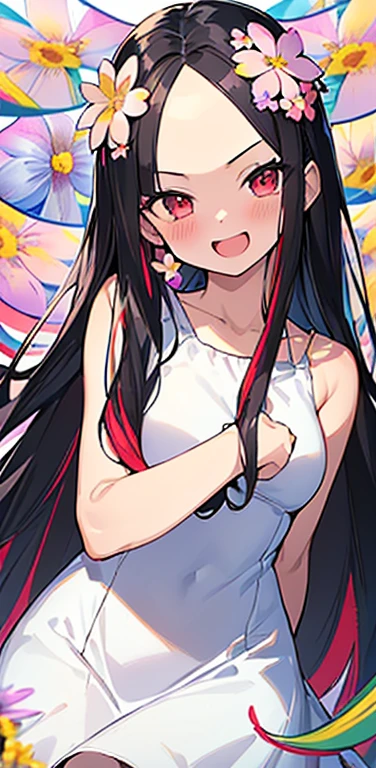 (8K、highest quality、masterpiece:1.2)、Super detailed、super resolution、Realistic、anime:1.2,(1girl) 、(black hair)、long hair,straight hair,red eyes、(forehead:1.3),(face focus,upper body),(white camisole white panties:1.5)、(light smile:1.3),(cute face,blush)、open mouth,small breasts,(surrounded by many colorful flowers:1.8 ),
