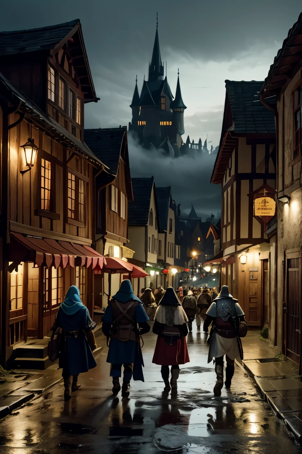 A village scene from a dungeons and dragons world, villagers are out in the streets which are a busy mixture of taverns and shops with a dark oppressive looking castle in the backdrop. A band of adventurers walking towards the viewer led by a Paladin with a Cleric, Druid and a female Bard. The streets are muddy and simple creating a grimy atmosphere. The overall effect is one of adventure. 