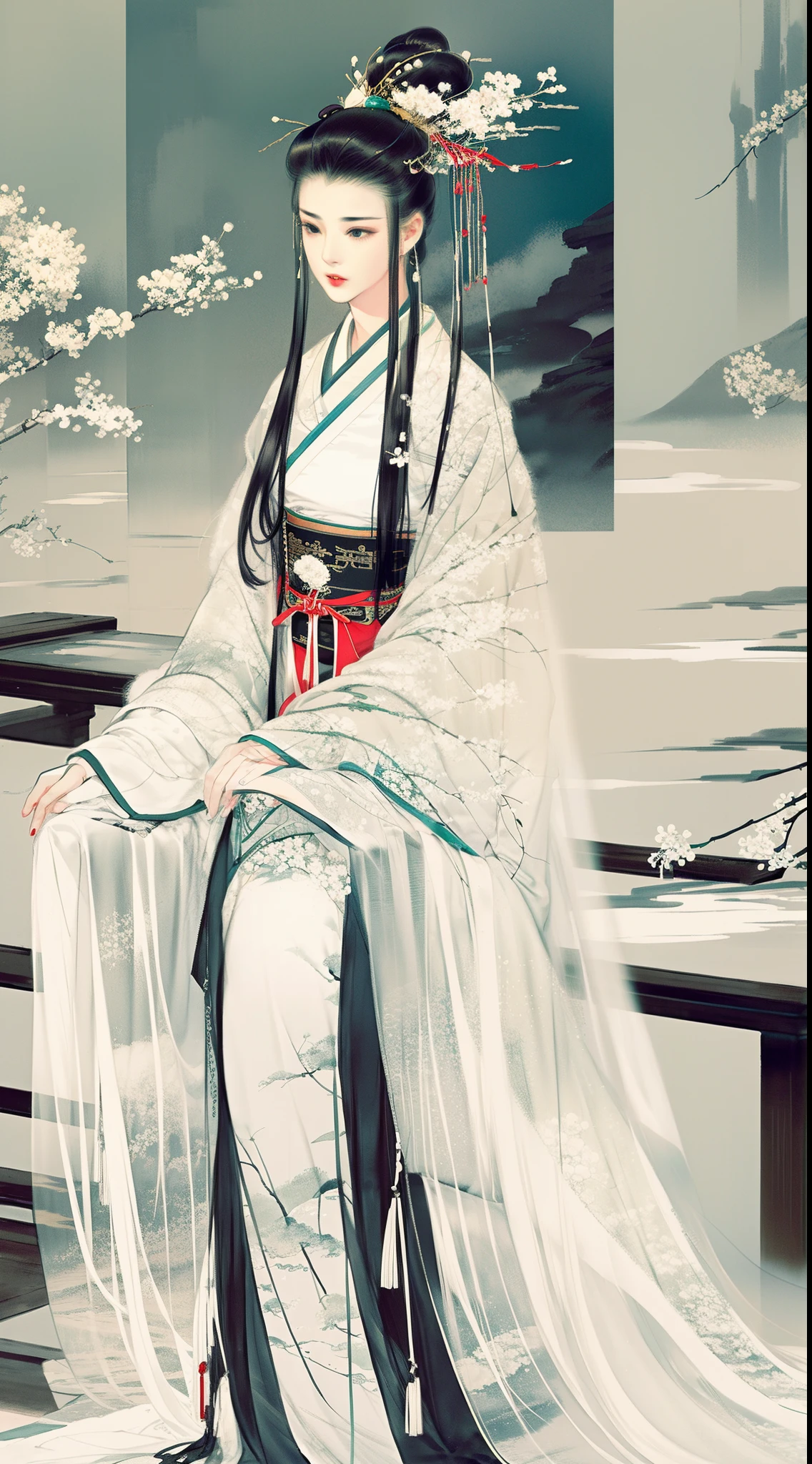 Wu Guanzhong style, Chinese brush painting, water and ink, beautiful and attractive woman in Hanfu, Women Hanfu, elegant girl, black hair, full details Hanfu dress, height heel, hourglass body shape, professional, Extremely aesthetic, paintbrush art style, twilight, Chinese lanterns, Chinese temple pavilion in background, detailed face,