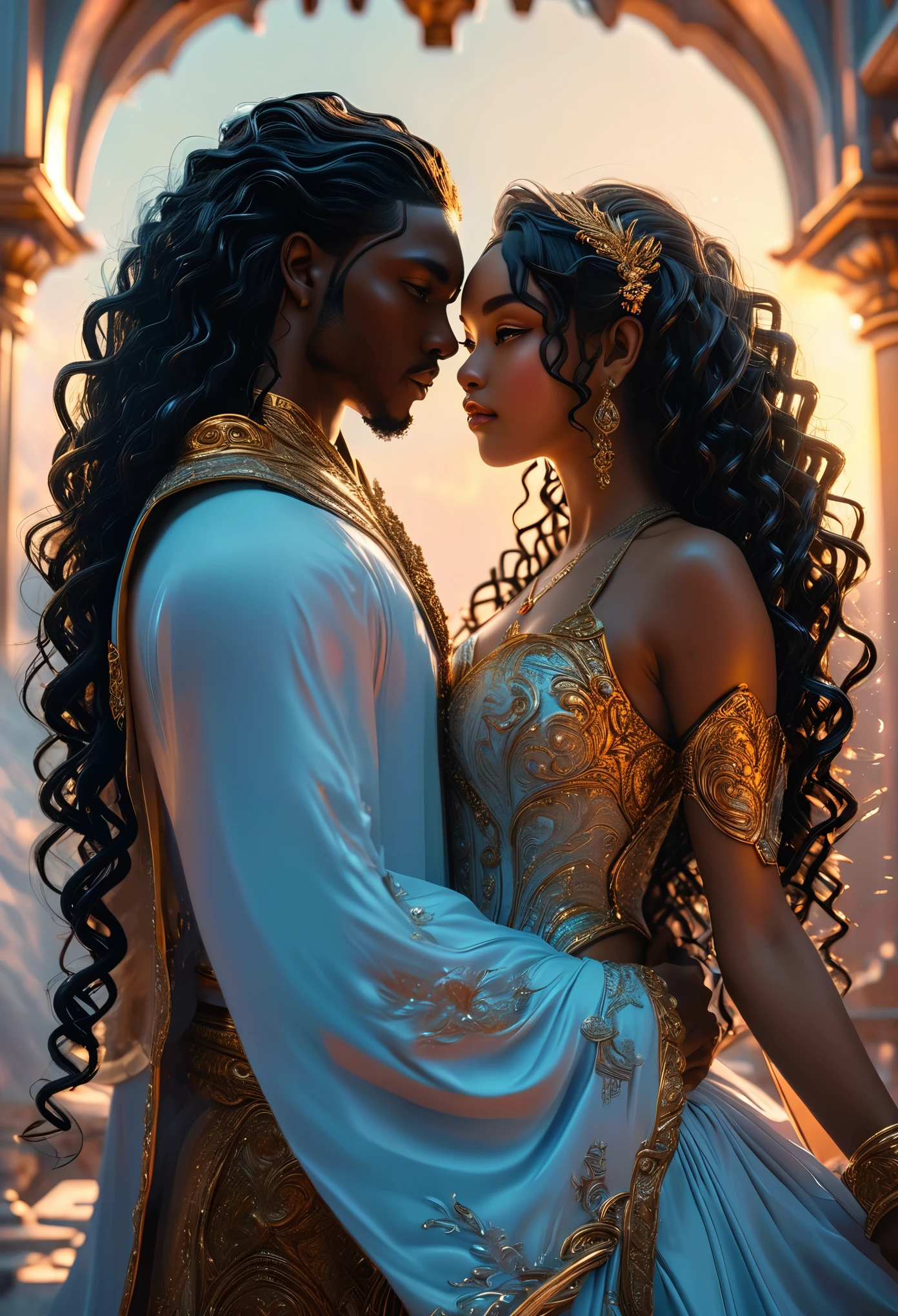 Novel in celestial landscape, a beautiful young darkskin couple with (((a long black hair young judge))) with (((a young imperial dangerous warrior with long black curly hair))), ennemies, very beautiful, perfect faces, whole body, romantic scene, romantic Way, sexy couple, 8K, extremely detailed, (high quality, realistic, photorealistic: 1.37), Full body, ideal proportions and defined complexion, meticulously crafted features, unreachable beauty, perfection, artistic masterpieces, vivid realism, hyper-detailed sculptures, life-like forms, truly awe-inspiring, impeccable craftsmanship, pure radiance, ethereal beauty, delicate contours, striking poses, sublime beauty, subtle nuances, dynamic compositions, vibrant colors, perfect lighting, soulful expressions, celestial aura, majestic presence, dreamlike atmosphere, unmatched gdetailed octane render trending on artstation, 8 k artistic photography, photorealistic concept art, soft natural volumetric cinematic perfect light, chiaroscuro, award - winning photograph, masterpiece, oil on canvas, beautiful detailed intricate insanely