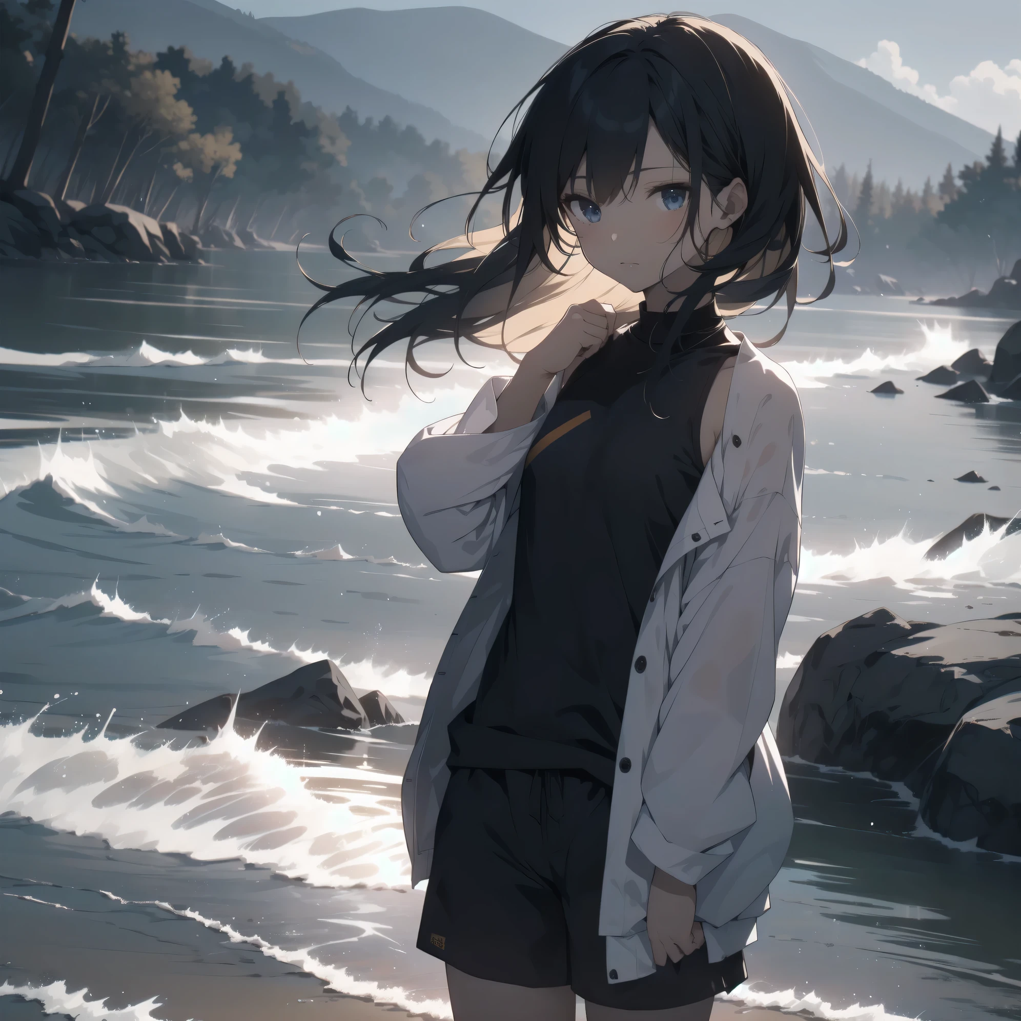 Super absurd quality by the god of art, super detailed, High resolution, anime moe art style, Best Anime 8K Kona-chan Wallpaper, pixiv contest winner, perfect anatomy, break,(Please draw a picture of a girl in a swimsuit walking on the beach. ),break, 1 girl, (alone,little woman, cute face, :1.3),All limbs, full finger,, The charm of an immature body, (very_short hair), shortcut, Bang, flat chest, small ass, between legs, small black eyes, detailed and beautiful eyes, Well-proportioned iris and pupils, expressive eyes, High resolutionの詳細な髪,  Wet, shiny skin, swimsuit, (detailed lighting), (detailed background),on the beach, break,super dense skin, Best cinematic lighting powered by famous artist, 8k,Beauty Illustration,photoshop_(Moderate),Absurd Hi-Res,Hmm,rough skin,break,((artist:Fujiyama)), artist:Fujichoko,artist:Yamamoto_Soichiro,artist:hanekoto