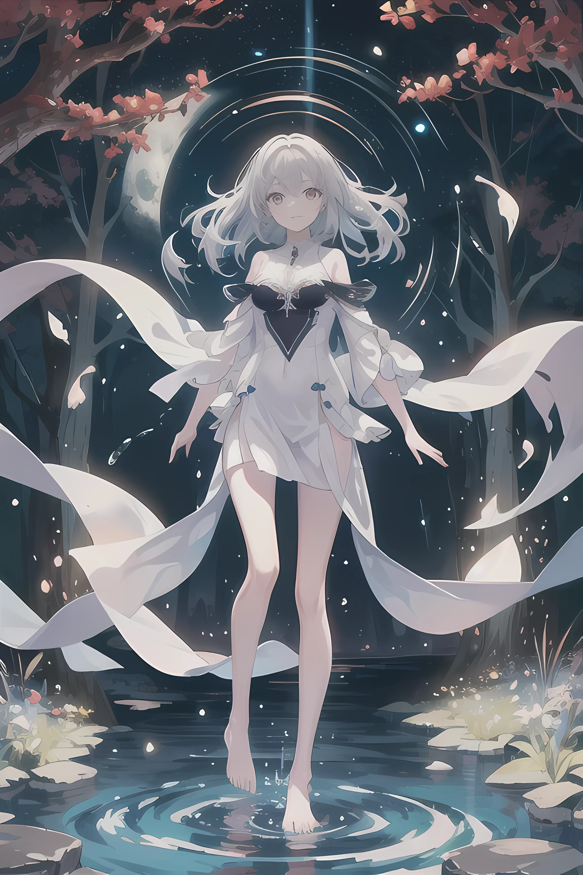 Dreamy beautiful moonlight in dark forest。View of a 15-year-old girl from above。(wet silver hair and red eyes)。smile slightly。She only wore a long transparent white cloth，It has beautiful lace trim on it。Soak the cloth in water。(splashing in the dark forest lake at night)。(Hair or clothes are wet)。splash。wet hair。Dripping water droplets。梦幻般的萤火虫在空中float、Light also reflects from water。near method and far method。Glitter effect。Dynamic composition with depth。extremely high quality、high level of image quality、extremely refined。Rare workmanship，round,Room, firm breasts），barefoot，float，water surface，（long legs，long legs，long legs，Gestalt），full-body shot。standing posture