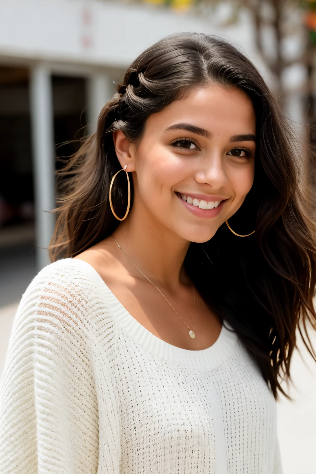 Crie a imagem de uma jovem com um sorriso muito bonito com pele clara e cabelo loiro beijado pelo sol, penteado casualmente. Seu cabelo deve ser texturizado, levemente ondulado e na altura dos ombros. Ela tem sobrancelhas definidas, olhos claros e maquiagem natural. She is wearing a tight black sweater with a round neck and ribbed texture.. e segunda uma sacola de compras de supermercado. The setting should be a supermarket aisle, maybe in front of a butcher&#39;s or vegetable store. Capture this image with a high-resolution photograph using an 85mm lens for a flattering perspective.