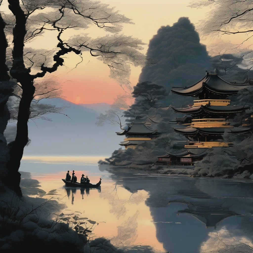 aesthetic, extremely detailed, color photo of,Wu Guanzhong's style, monochromatic simplicity, bold brush strokes, fusion of Eastern and Western art principles, abstract natural elements, structured yet fluid forms,twilight ambience, serene lake, willow trees swaying, distant mountains shrouded in mist, fading daylight, subtle reflections on water,tranquil, contemplative, harmonious, subtle interplay of light and shadow, ethereal quietude,Nikon D850, Kodak Portra 400, 50mm prime lens, shallow depth of field, low ISO, manual exposure, long exposure technique,Wu Guanzhong, Tim Burton, Christopher Doyle, Annie Leibovitz, Vivienne Westwood