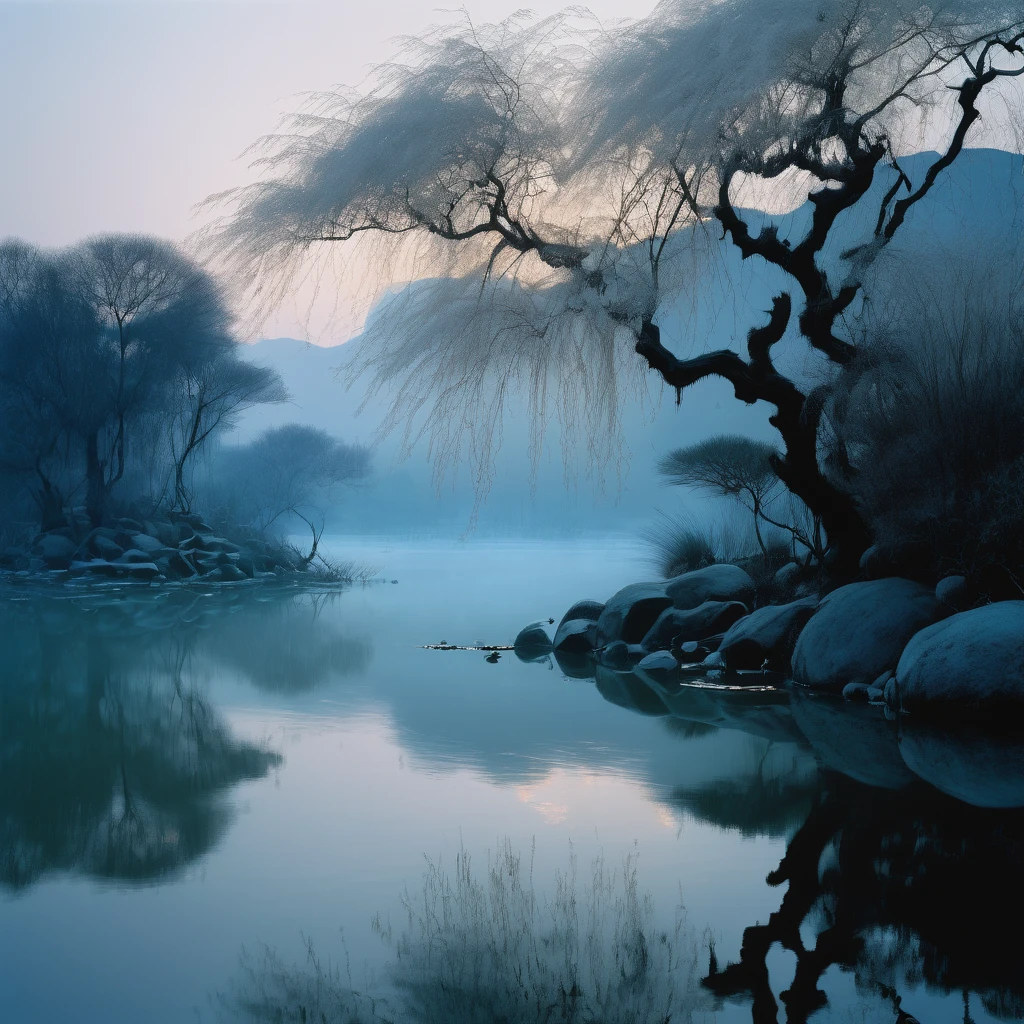 aesthetic, extremely detailed, color photo of,Wu Guanzhong's style, monochromatic simplicity, bold brush strokes, fusion of Eastern and Western art principles, abstract natural elements, structured yet fluid forms,twilight ambience, serene lake, willow trees swaying, distant mountains shrouded in mist, fading daylight, subtle reflections on water,tranquil, contemplative, harmonious, subtle interplay of light and shadow, ethereal quietude,Nikon D850, Kodak Portra 400, 50mm prime lens, shallow depth of field, low ISO, manual exposure, long exposure technique,Wu Guanzhong, Tim Burton, Christopher Doyle, Annie Leibovitz, Vivienne Westwood