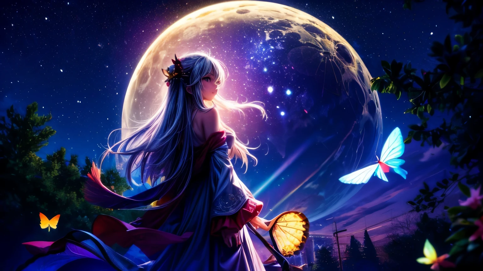 cute girl character、Green grass drawing butterflies flying over water、Looking up at the starry sky、A beautiful full moon can be seen in the night sky、Surround her with colorful nebulas and colorful forests