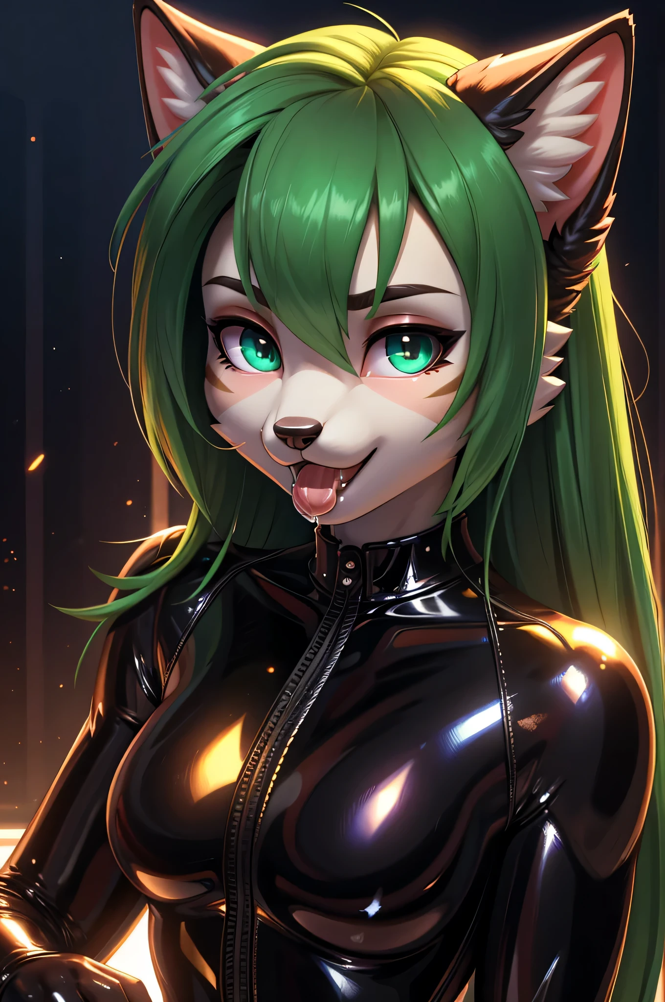 beautiful, (masterpiece), 最high quality, (extremely get used to it face), extremely get used to it eyes, perfect lighting, overall details, get used to it, deep skin, slicked back hair, long hair, green hair, type of eyes, slicked back hair, elbow bag, alone, looking at the viewer, one hand, verbal invitation, lifting shirt, saliva, saliva trail, latex suit, spy lady, wearing tight latex suits, high quality, Super high quality, Highly detailed CG Unity 8k wallpaper, High resolution, close up face, bondage suit, shiny bondage, cool girl, dog girl, cat girl