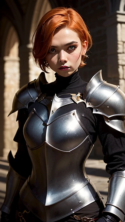 work of art, best qualityer, Gwendolyn_Tennyson, orange short hair, side bangs, blue hair clip, giggling, blue armor