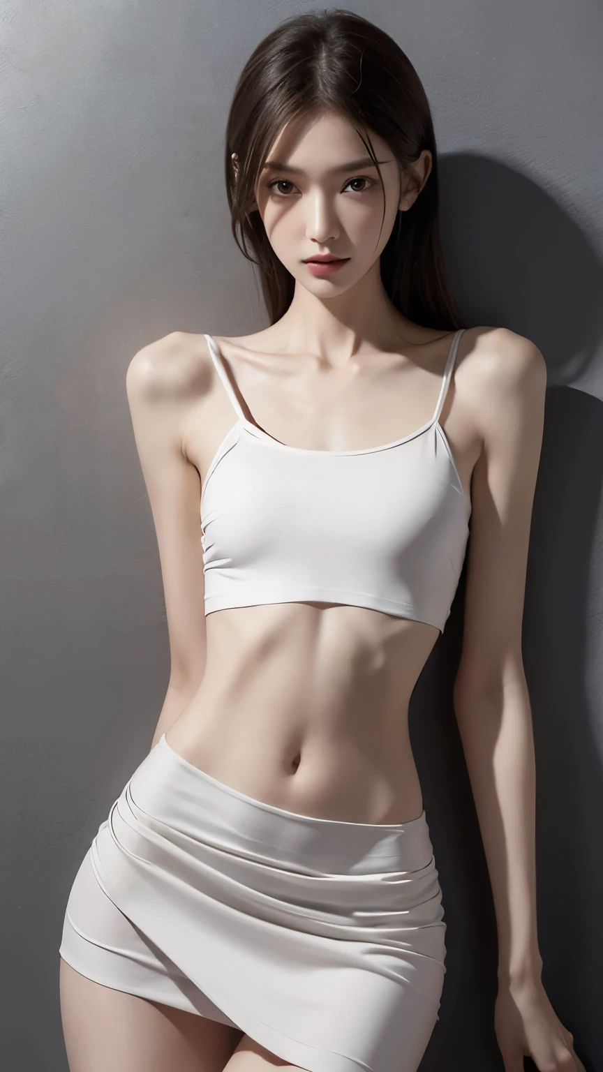 (Photorealistic),(Masterpiece),(ultra-detailed),a tall very beautiful and extremely thin girl who is literally just skin and bones because of being severely malnourished and looks so fragile and delicate and has big eyes and very small head, can see all her bones,lying,she has very small and thin body frame and legs,wearing loose crop t-shirt and a loose skirt,extremely slender build,hands on stomach because of being so hungry

