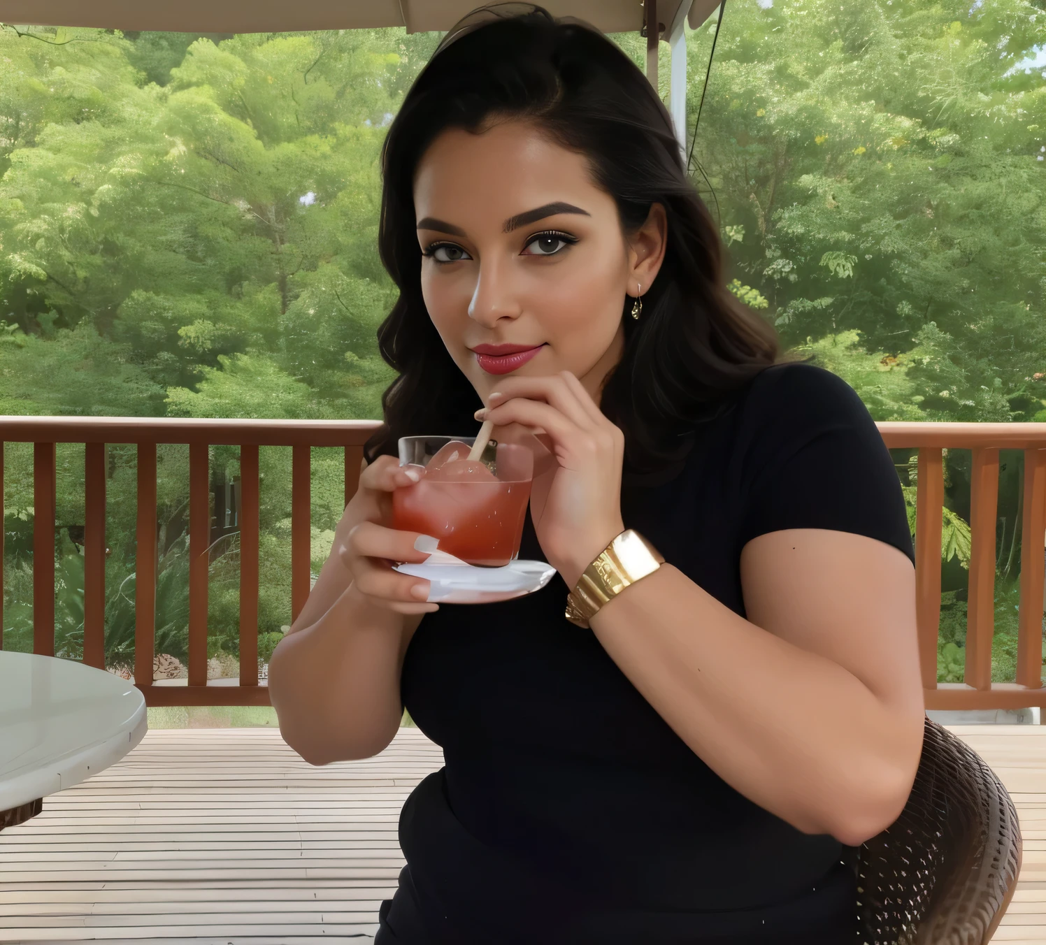 woman on the patio with a drink, having a cocktail, outside, with a drink, having a martini, drinking syrup, delicious, outdoors, drinking, drinking, A woman with white skin and dark hair. She is about 35 years old. Her slightly plump, pink lips are like a delicate flower, her dark brown eyes. Slim body, slim waist. Her body exudes glamor and her face is the definition of beauty. Test, highly realistic, reddish skin, beautiful, slightly plump lips, pink lipstick, smiling, feeling of lightness and joy, hyper-realism, very elaborate skin, direct look. Full body photo, clear photo, high quality, high resolution, masterpiece, 8K.((masterpiece)), (((best quality))), ((ultra detail)), UHD, 8K, (( (high definition)) ), ((illustration)), ((extremely realistic)), sharp focus, ((beautiful and extremely detailed eyes)), (extremely delicate and beautiful woman), ((dark brown eyes)), chest medium, ((macro, photography, detail, face, eyes, nose, lips, eyebrows)), ((extremely detailed and real)).