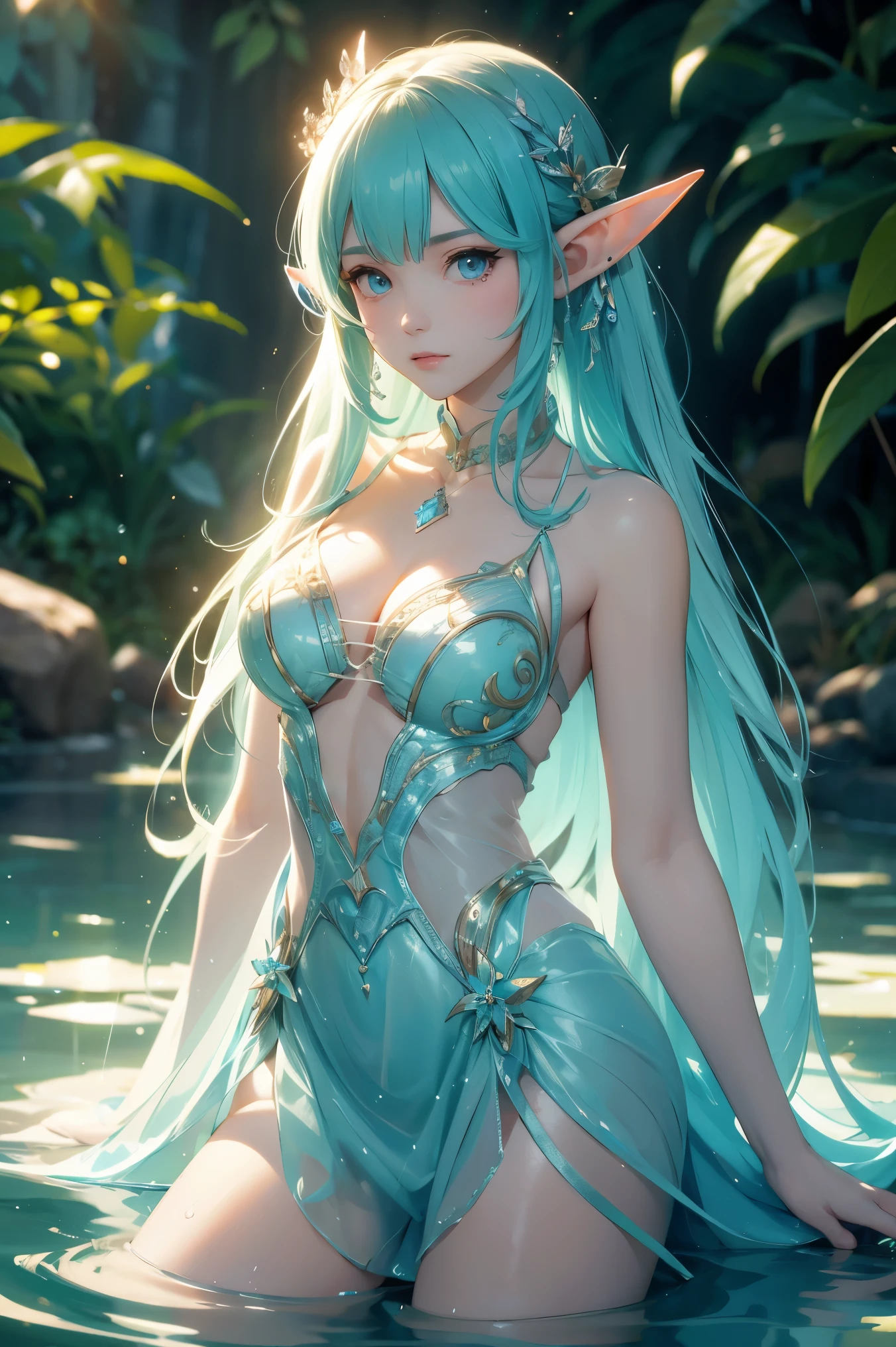 (masterpiece),(best quality),(Reality:1.3),Realism,octane rendering,(超Reality:1.2),perfect features,Bathing in water reveals translucent dress,Features of fairies,translucent body,translucent hair,The element of water,Elements that appear around,light blue effect,in the forest,Perfect appearance,his face turned red,(adult),seelie\(genshin impact),Elf,Elf\(Girls' front line\),(Elf的翅膀),Original,Extremely detailed wallpapers,Highly detailed illustrations,(1 girl),(best lighting),(Super intricate details),4K unified,(Super detailed CG:1.2),(8K:1.2)