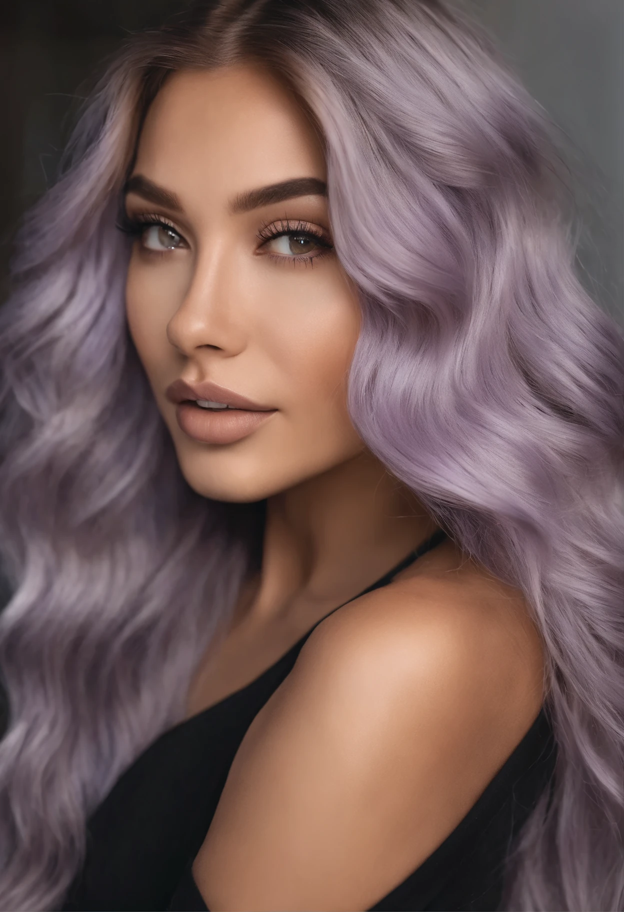 Realistic photo of a beautiful sultry woman with light purple long hair, hair roots slightly faded, half Asian, influencer, light freckles, light brown eyes, light makeup, dark lips, smiling, Instagram, hyperdetailed photography, soft light, head and shoulders portrait, slight cleavage, cover
