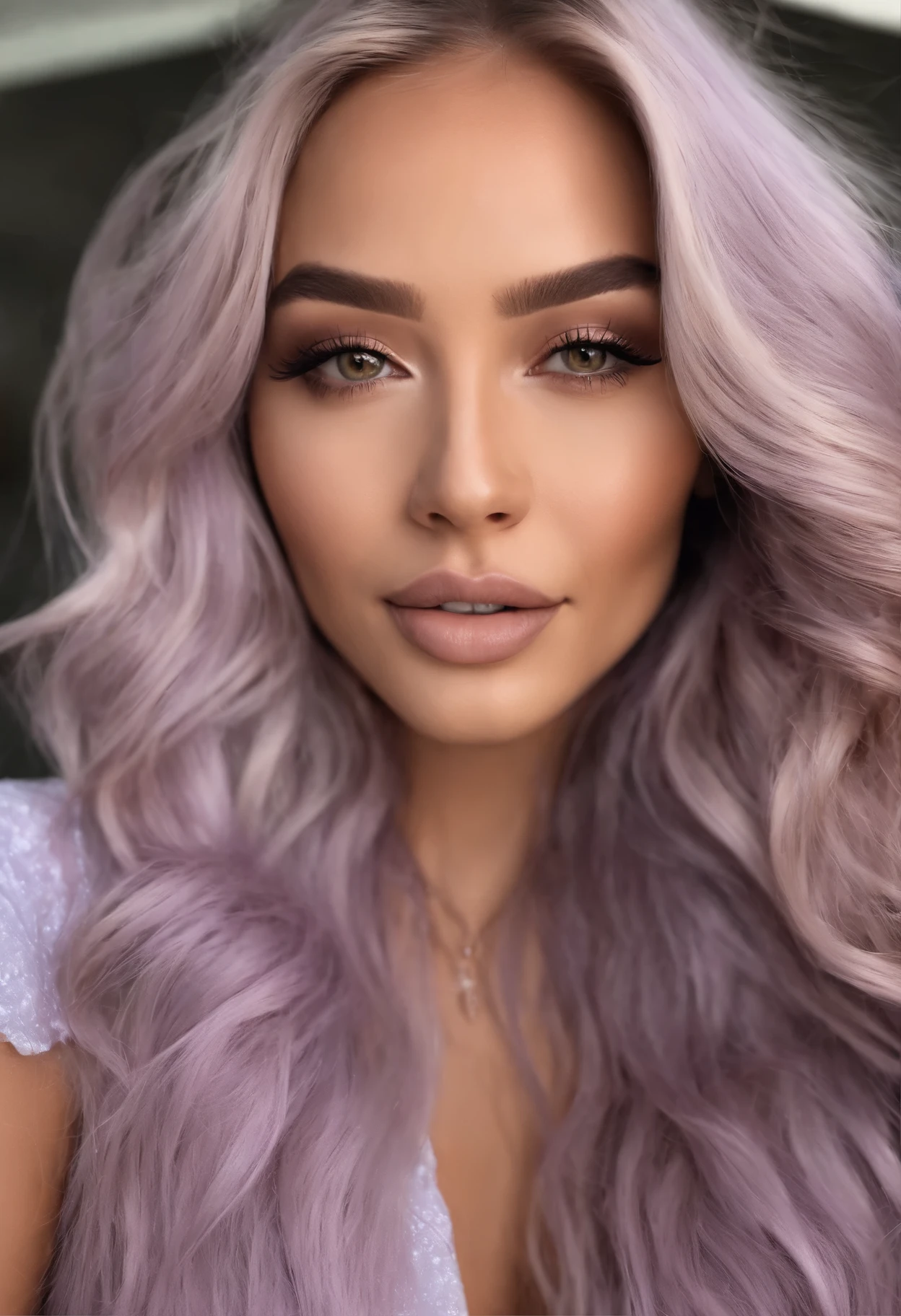 Realistic photo of a beautiful sultry woman with light purple long hair, hair roots slightly faded, half Asian, influencer, light freckles, light brown eyes, light makeup, dark lips, smiling, Instagram, hyperdetailed photography, soft light, head and shoulders portrait, slight cleavage, cover