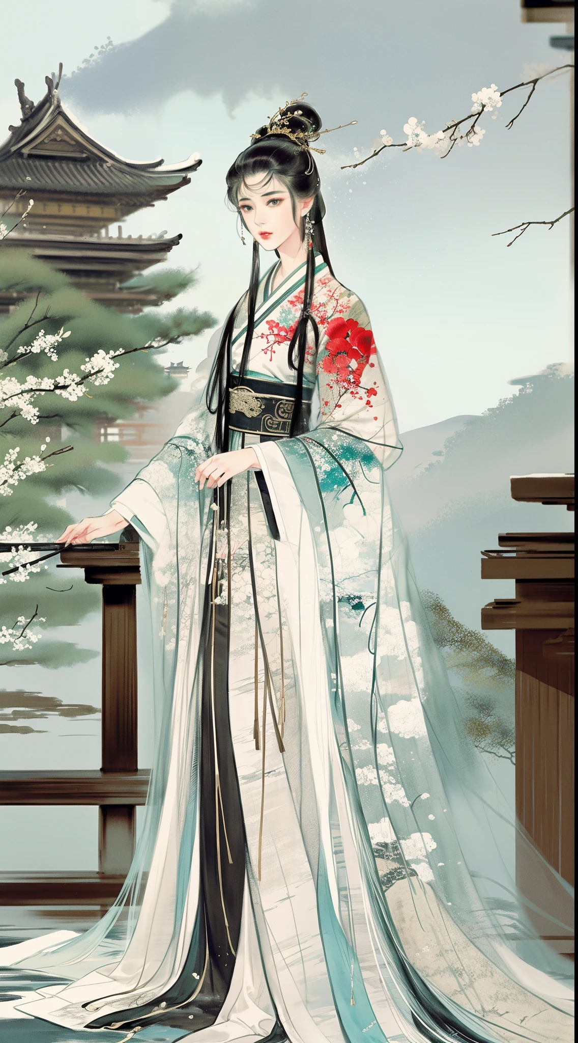 Wu Guanzhong style, Chinese brush painting, water and ink, beautiful and attractive woman in Hanfu, Women Hanfu, elegant girl, black hair, full details Hanfu dress, height heel, hourglass body shape, professional, Extremely aesthetic, paintbrush art style, twilight, Chinese lanterns, Chinese temple pavilion in background, detailed face,