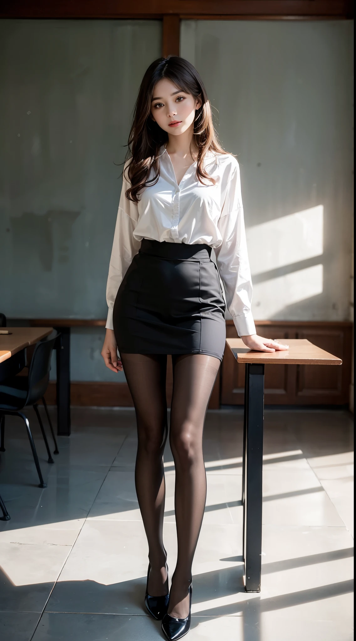 ulzzang-6500-v1.1, (RAW photo:1.2), (Photoreal), (genuine:1.4), (muste piece), (()), beautiful girl, model body, Big eyes, Cute droopy eyes, small breasts, long legs, (super realistic pantyhose:1.3), Glossy Satin Blouse, skirt and thighs, Strict teacher's outfit is sexy, shot from below, very white skin, long hair, wavy hair, teacher's chair, realistic, indirect lighting, volumetric light, ray tracing, super detailed, highest quality, ultra high resolution, nffsw, 8k, intense volumetric fog