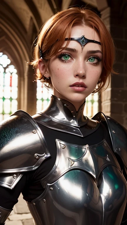 ((best quality: 1.5)) ((masterpiece: 0.8)), intricate details, sharp focus, professional, photorealistic, real life, realistic representation of the face, ((((solo, 1girl) muscular assassin, golden hour, (brown skin, intense expression, god rays, [flat chest:medium breasts:0.8])))) dynamic action pose, homely face, in the style of realistic and hyper detailed renderings, medieval church, stained glass, solo, BREAK; BREAK (((short ginger bob hair, (blackout gothic eyeshadow, clear green eyes, makeup)))), (blemish: 0.7), ((fujicolor)), BREAK; BREAK ((((medieval paladin, (lacquered black gold chrome armor:1.9 (weapon, modest, knight, iron circlet, silver etching)))), photorealistic, hyper-realistic))