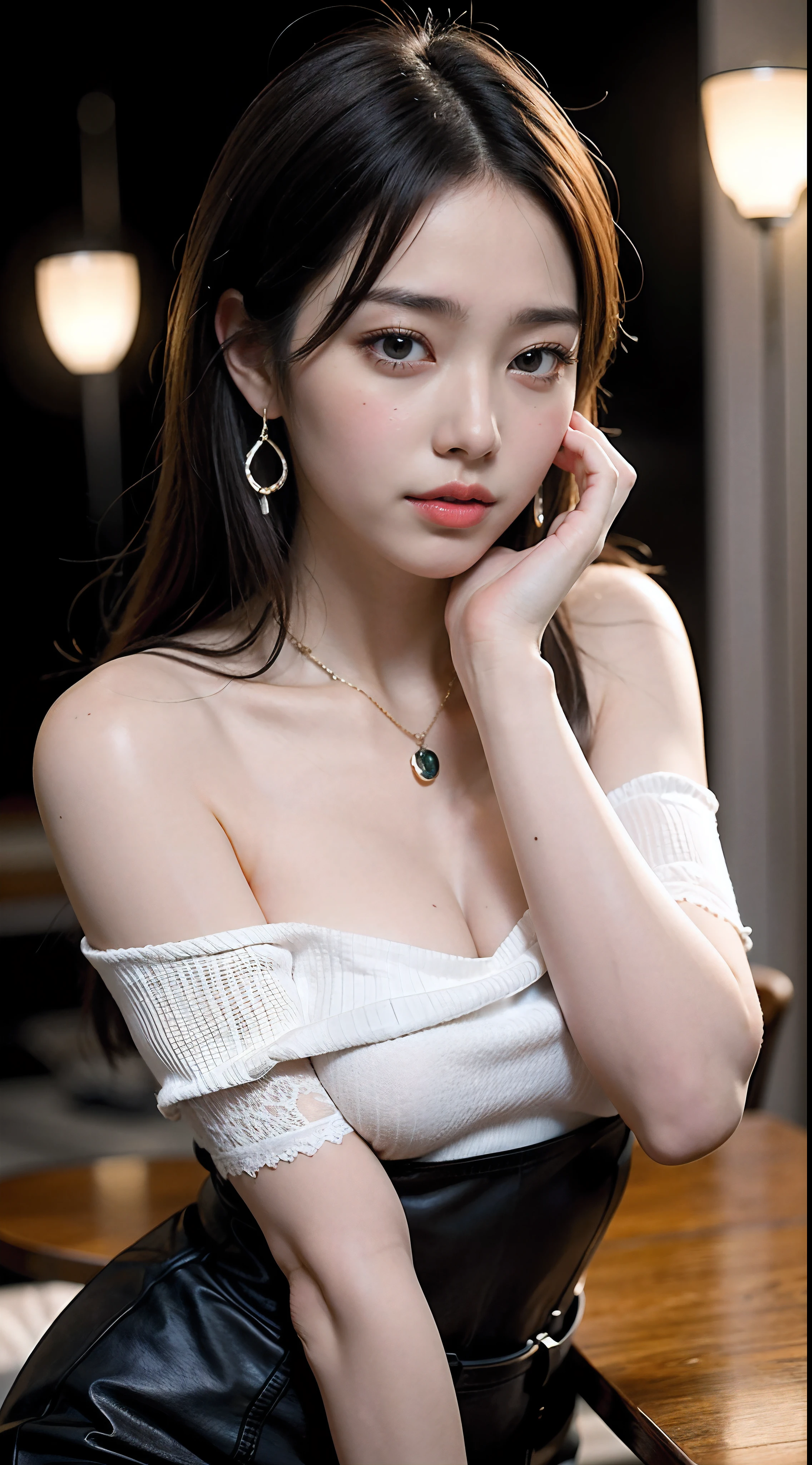 20 year old Korean girl, Korean idol pop star, beautiful face, beautiful eyes, face light(night:1.1),(Highly detailed CG Unity 8k wallpaper), (masterpiece), (highest quality), (super detailed), (HDR:1.4), long hair, off_shoulder, See-through, booty_shorts,(~ side_slit:0.6), Glamour, Huge_chest, facing towards viewer, full body shot, perfect body ratio, perfect hands, perfect fingers, expert shading, skinny,fascinating face, front-view, wit studio indirect lighting,Amazing newly drawn illustrations,Best illustration performance award, masterpiece, nice face,pearly,bright,incandescent lamp,white skin,night_view_background,cute,sunlight,face to face,blush,aqua_earrings,necklace,gloves,real hand,Strengthen,detailed face,detailed eye