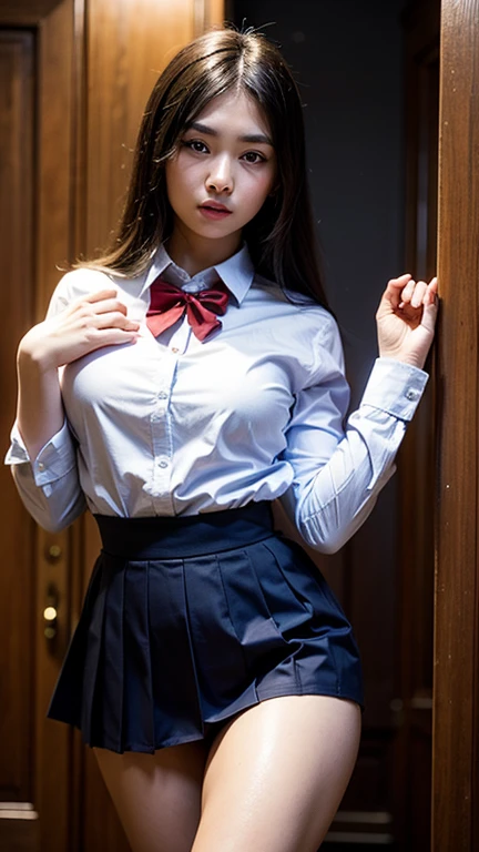 (8K), (Best Quality: 1.2), (Realistic), (Photorealistic: 1.37), Ultra High Definition, 1 Girl, Cute, Smile, Closed Mouth, Beautiful Details, Beautiful Nose, Full Body, Wet Hair, Colossal Dalsefo, Pork, white and red School Uniform, Thighs